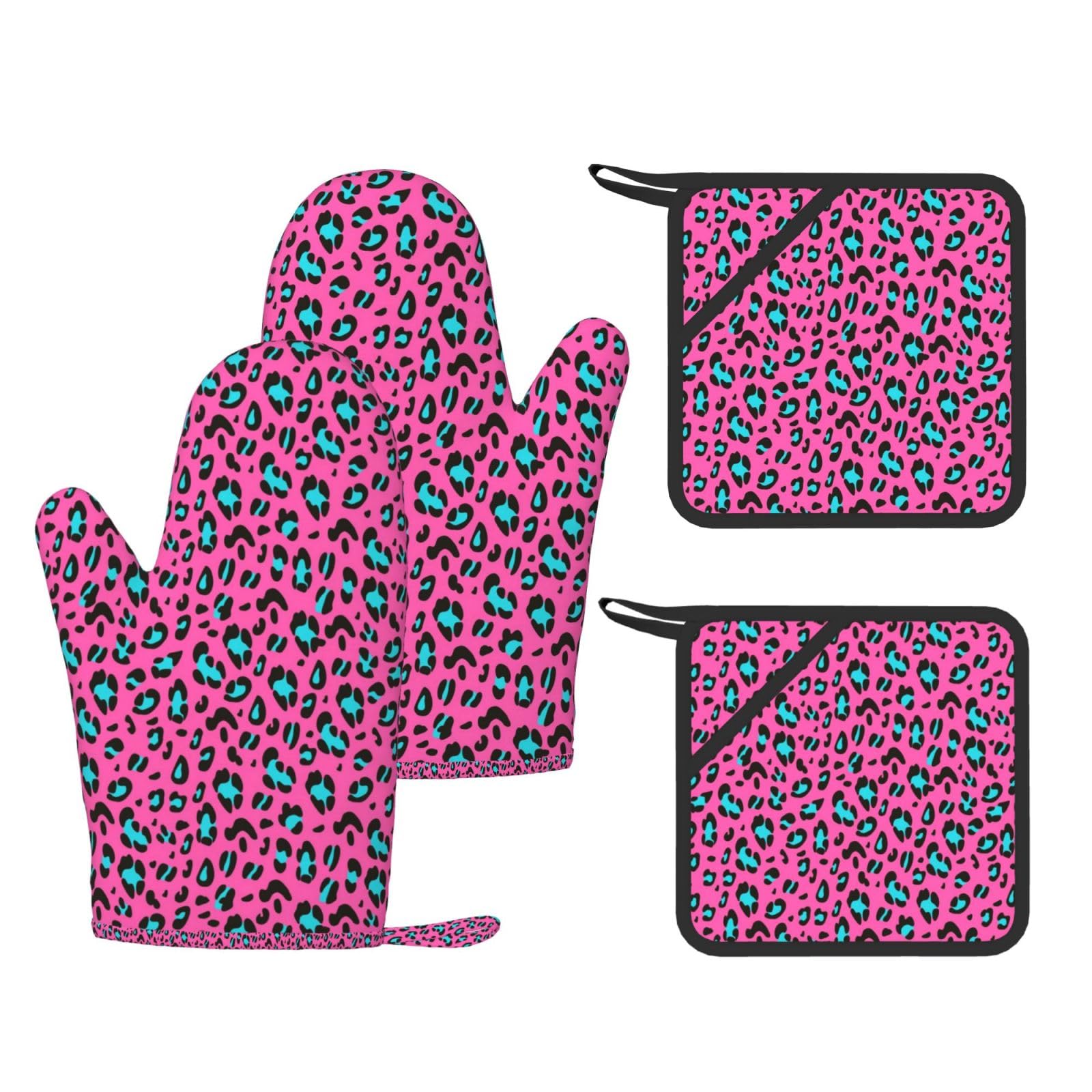 Ensemble de Quatre Gants et maniques résistants à la Chaleur, Gants de Cuisine antidérapants, maniques de Four, Joli imprimé léopard (2)