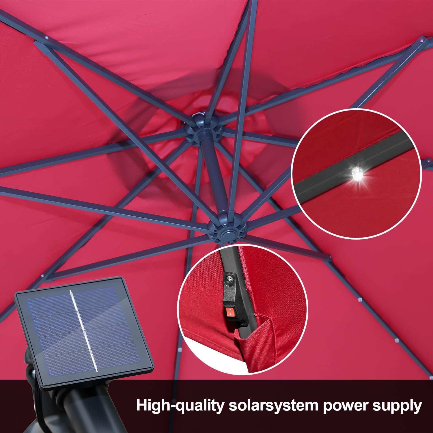 Sombrilla de 300 cm, grande, LED, solar, incluye manivela de aluminio con soporte, protección UV, impermeable, para balcón, jardín, terraza, color rojo, rojo, Ø300 cm mit LED…