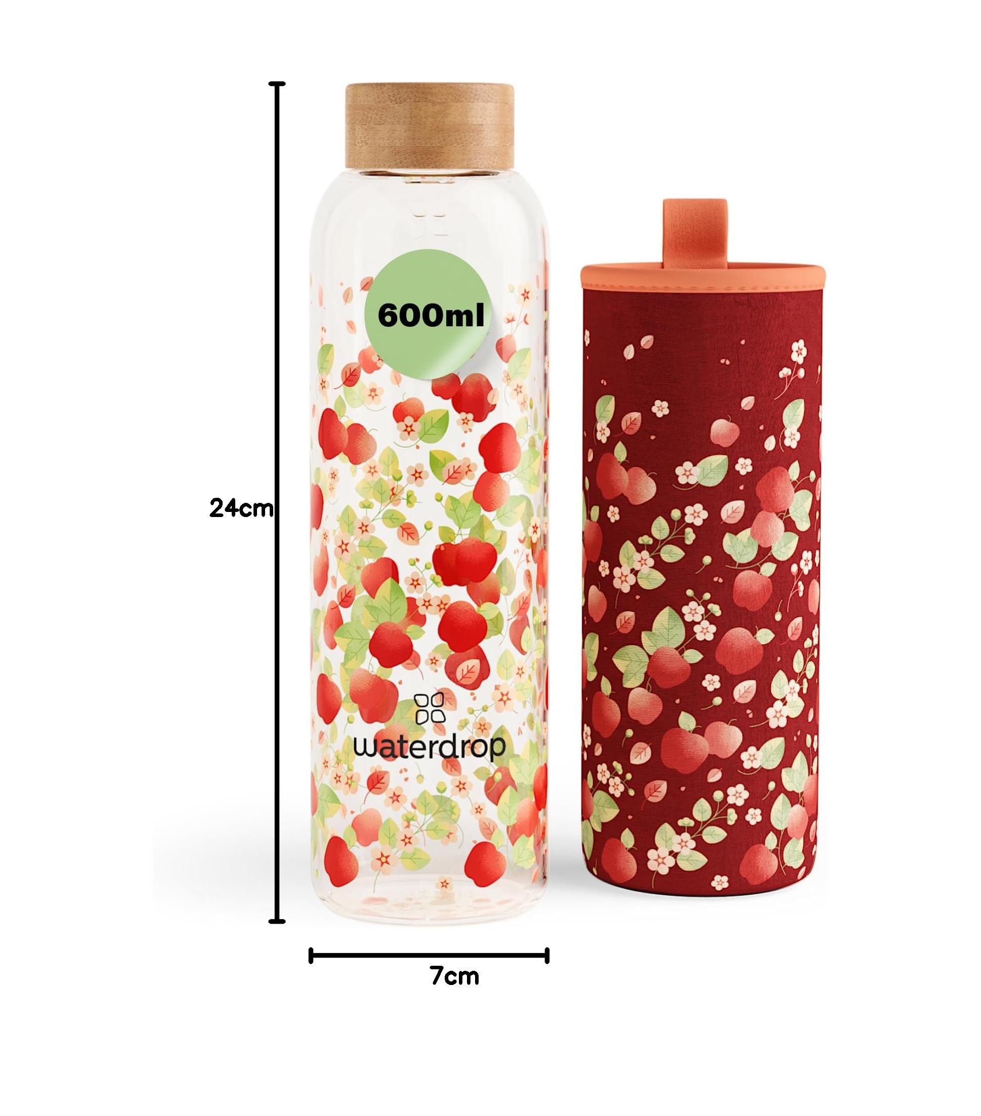 waterdrop® Flasche aus Glas 600ml - Trinkflasche Kohlensäure geeignet & spülmaschinenfest - auslaufsichere Wasserflasche mit Neoprenhülle - Borosilikat Glasflasche mit Schraubverschluss