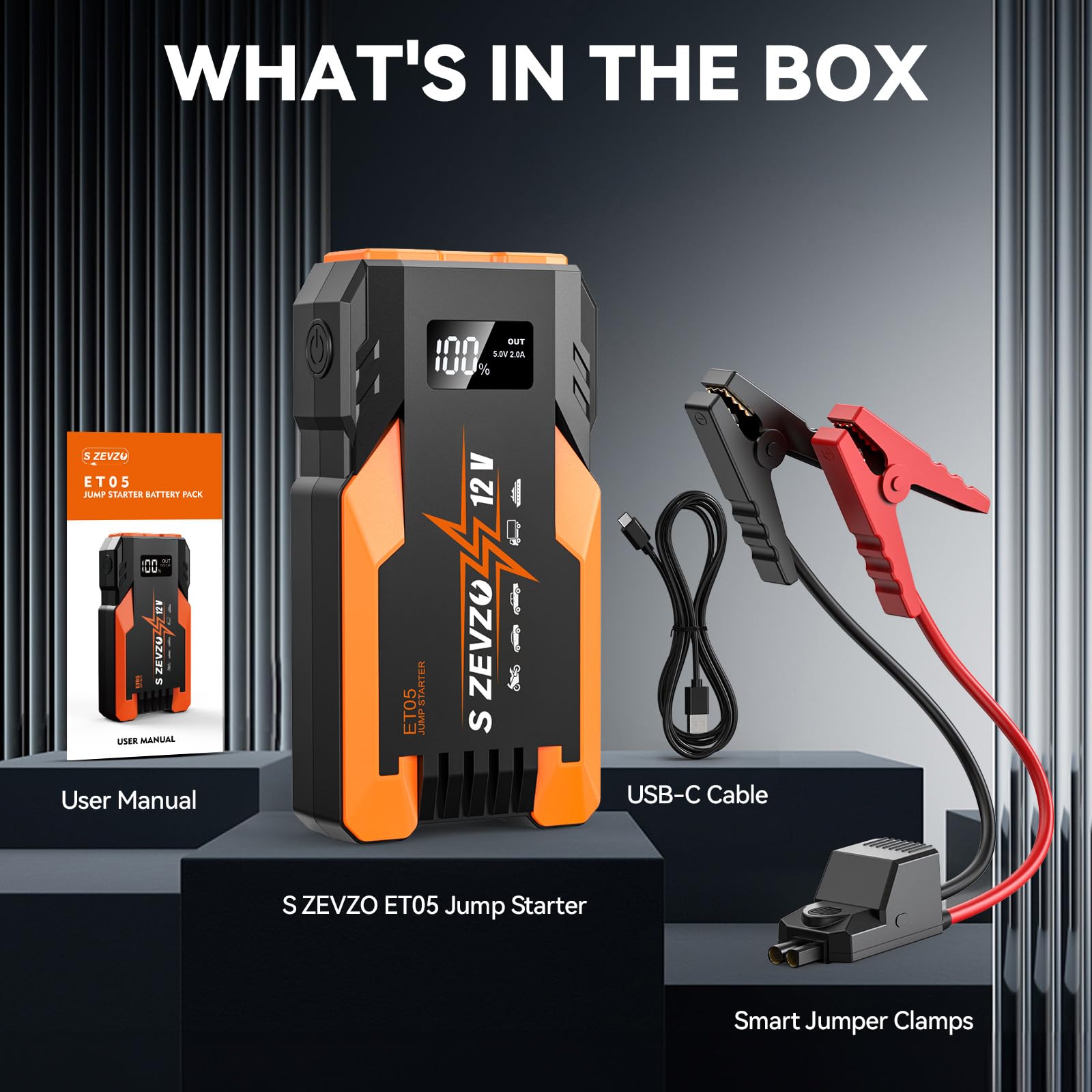 S ZEVZO ET05 Jump Starter 3000A Portable Car Jump Starter Battery Pack (7.2L Gas/ 5.5L Diesel), 51.8Wh 12V Jump Box with USB Ports, LCD Display and 3 Modes Flashlight