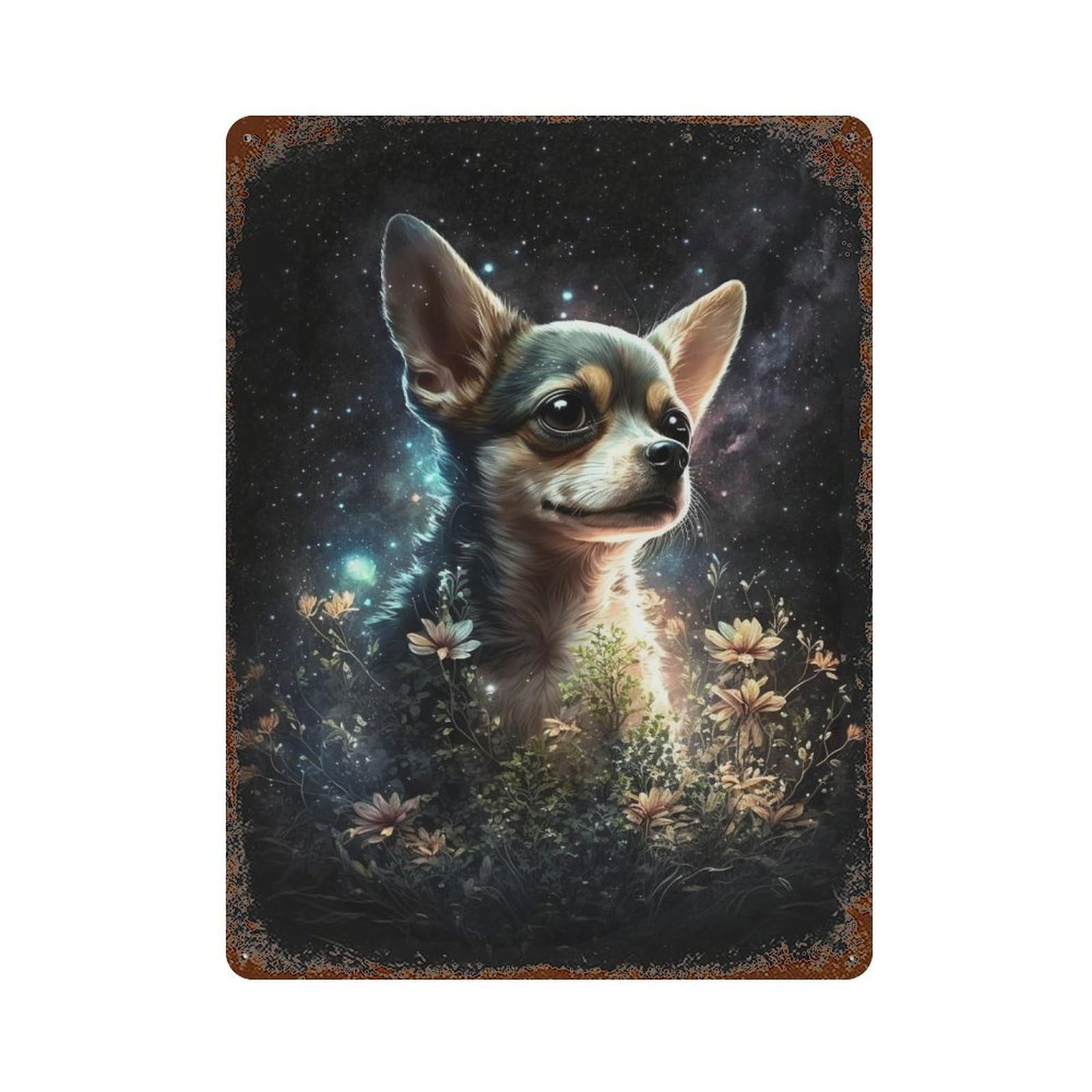 Garage Style Magical Night Garden with Chihuahua Rusty Metal Tin Sign 15.7"x11.8", Shabby Chic Decor for Bar And Workshop