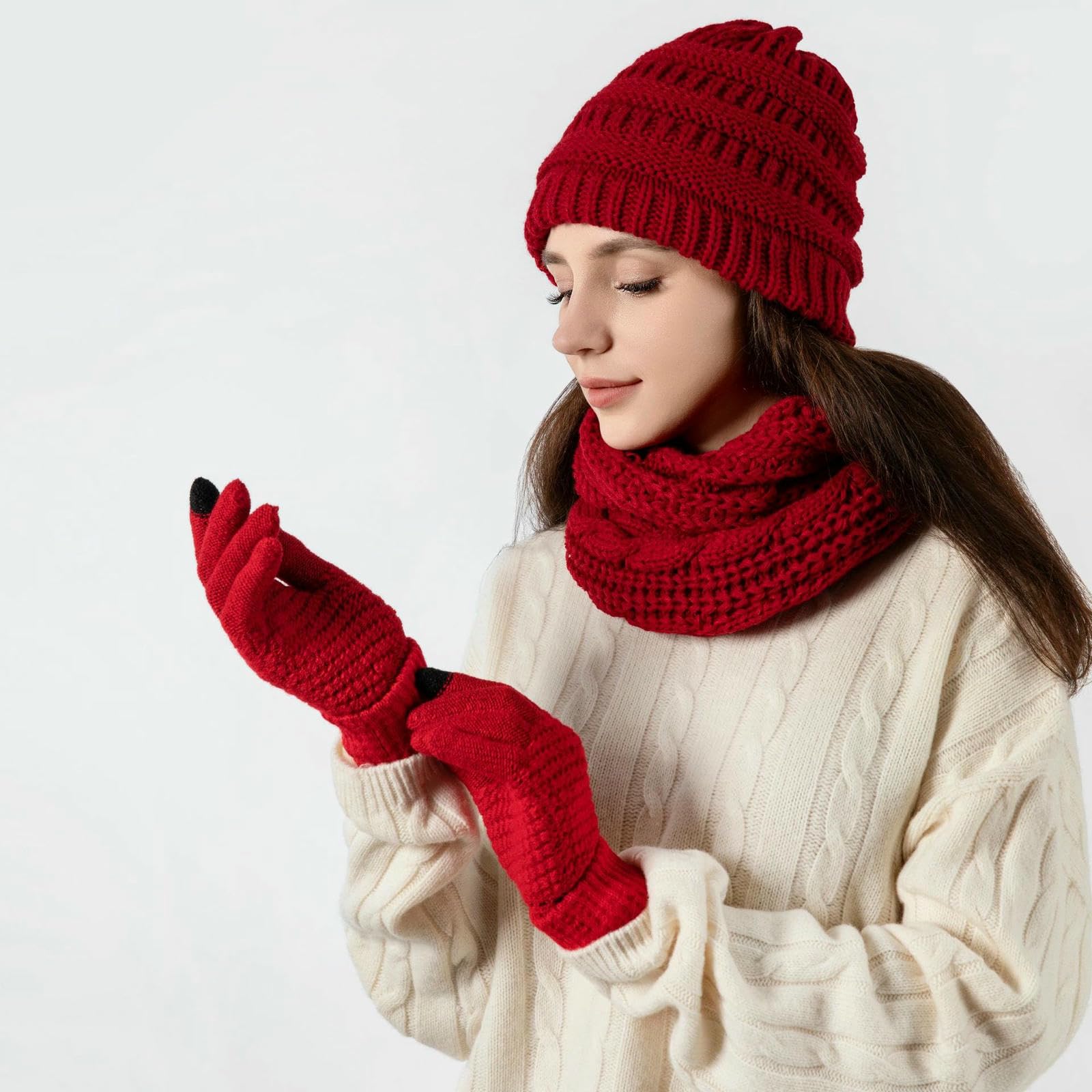 Mütze Schal und Handschuhe Winterplüschiges Verdicktes, Wind- Kältebeständiges Dreiteiliges Set Aus Gestrickter Wollmütze, Handschuhen-dunkelgrau