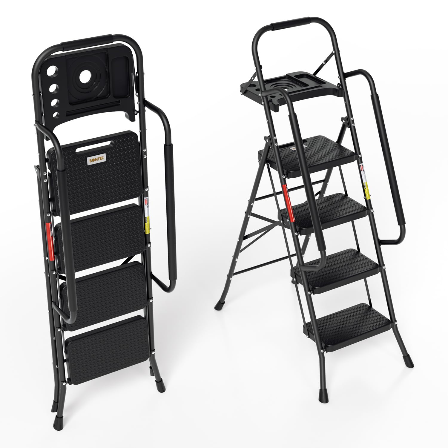 Escalera de 4 peldaños con pasamano y soporte para herramientas, escalera plegable para el hogar, escalera de seguridad antideslizante hasta 150 kg, Negra, 52 x 92 x 146 cm