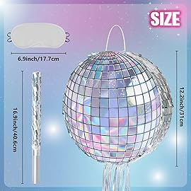 WERNNSAI Disco Ball Piata - Disco Party Decoration for Adult Birthday Party Supplies Hanging Disco Piata with Bat Blindfold Mirror Roller Skating Pull String, 12.2 x 12.2