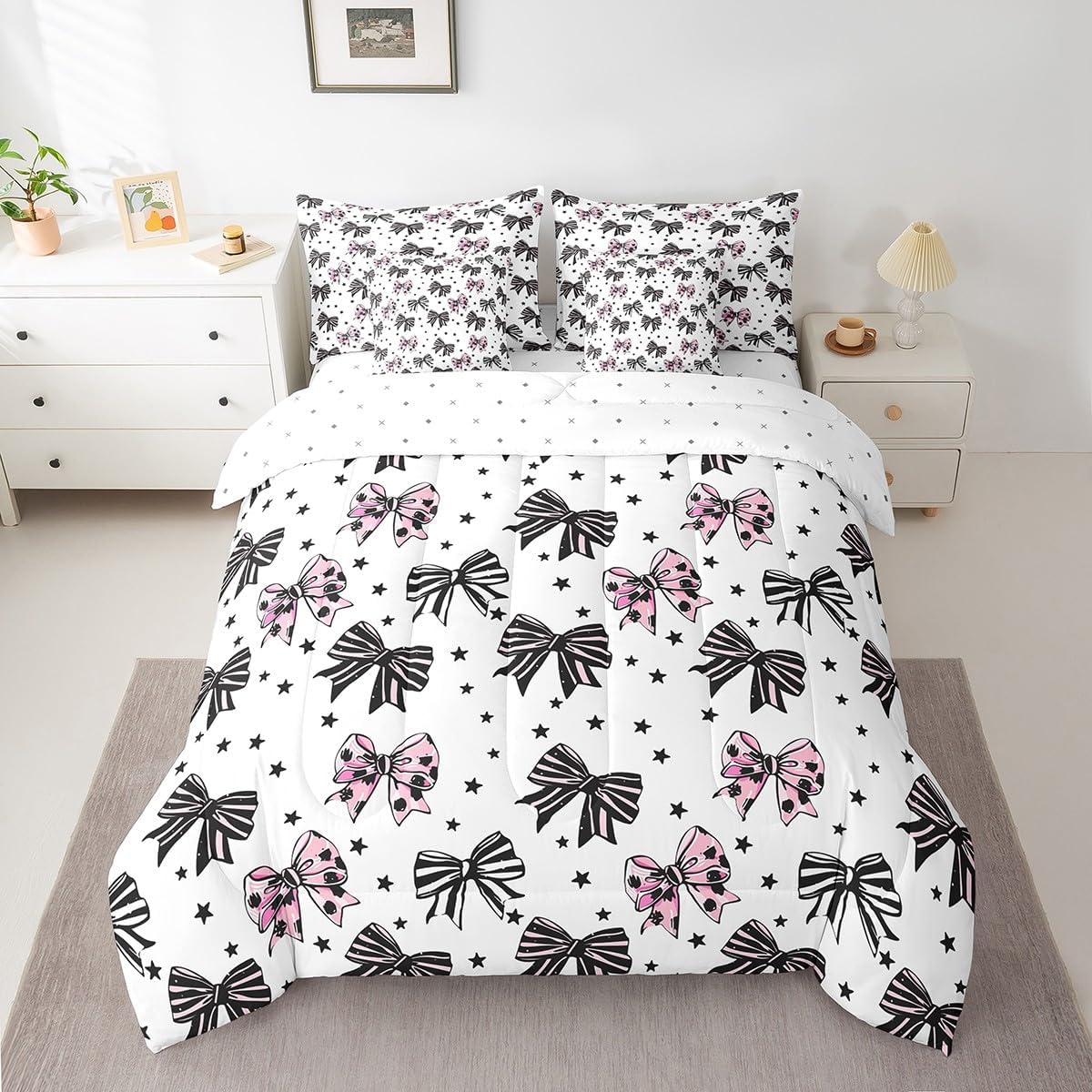 Manfei 7 Pieces Bowknot Comforter Set Queen Size, Black Pink Bow Print Bedding Set for Kids Girls Women Bedroom Decor, Cute Bow Tie Print 7pcs Bed in a Bag with Comforter, Sheets and Pillow Cases