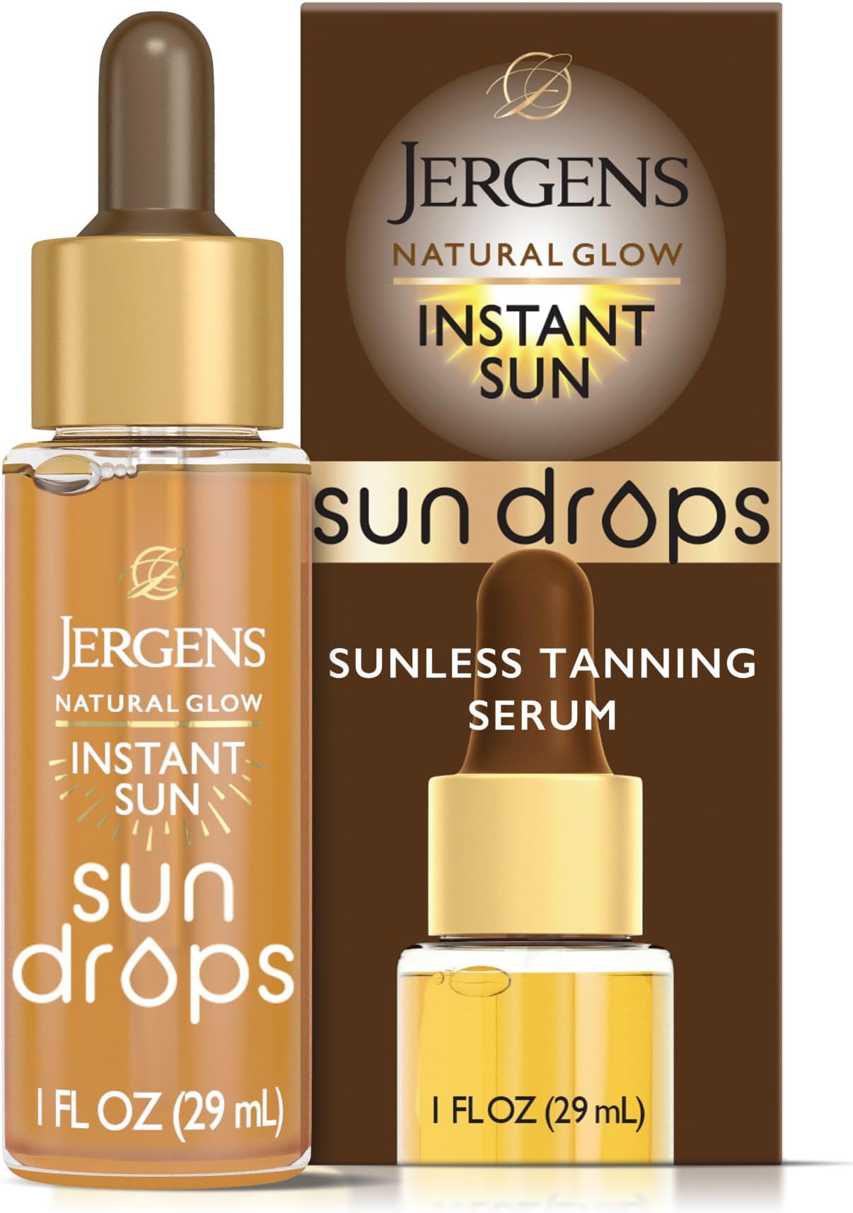 Jergens Natural Glow Instant Sun Drops, Sunless Tanning for Face and Body, Instant Sun Bronzing Drops, Oil Free, 1 Fl Oz