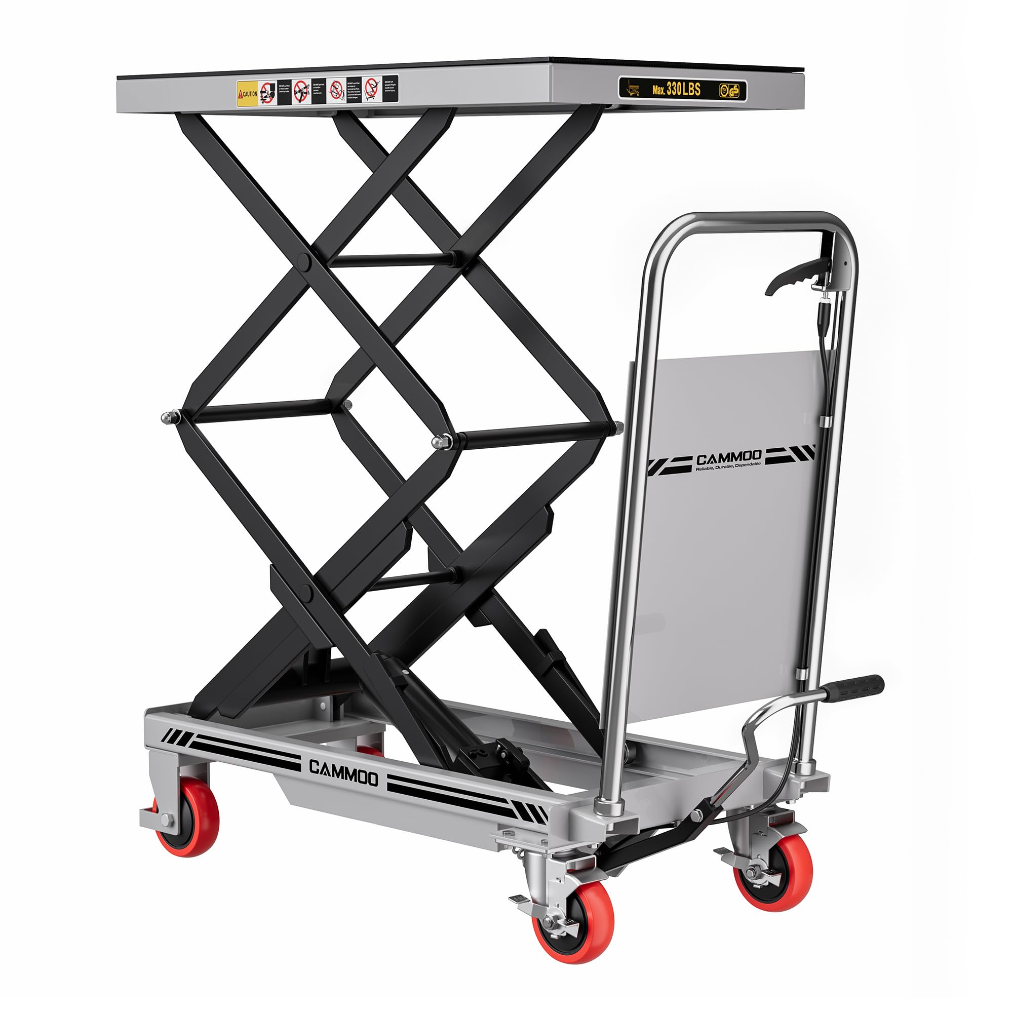 Hydraulic Lift Table Cart, 330lbs Capacity 49.6" Lifting Height, Double Scissor Lift Table with Non-Slip Pad & Safety Guard for Material Handling & Transportation, Grey