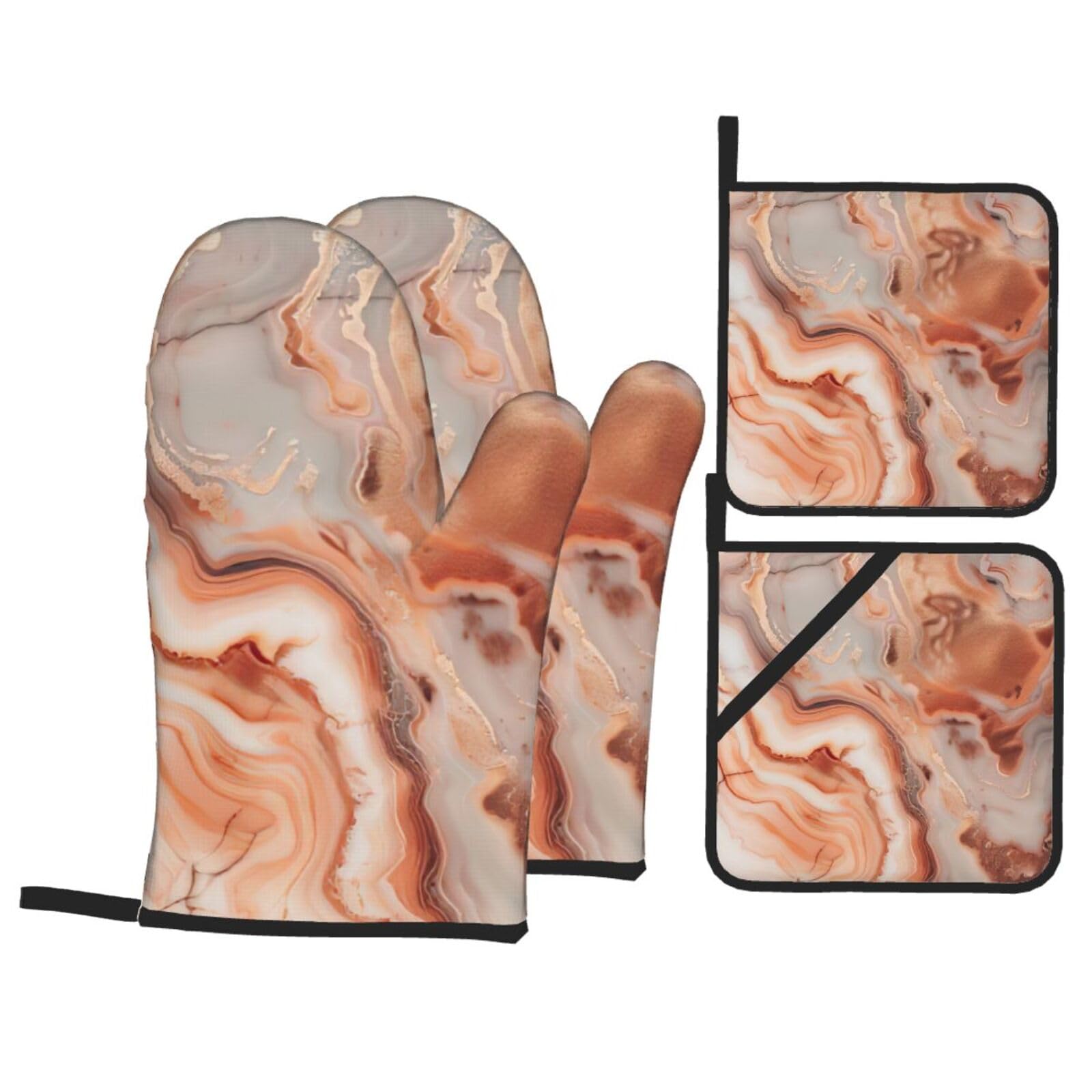 Rose Gold Marble Print 4-Piece Heat-Resistant Oven Waterproof Kitchen Gloves Cooking Roasting Essential