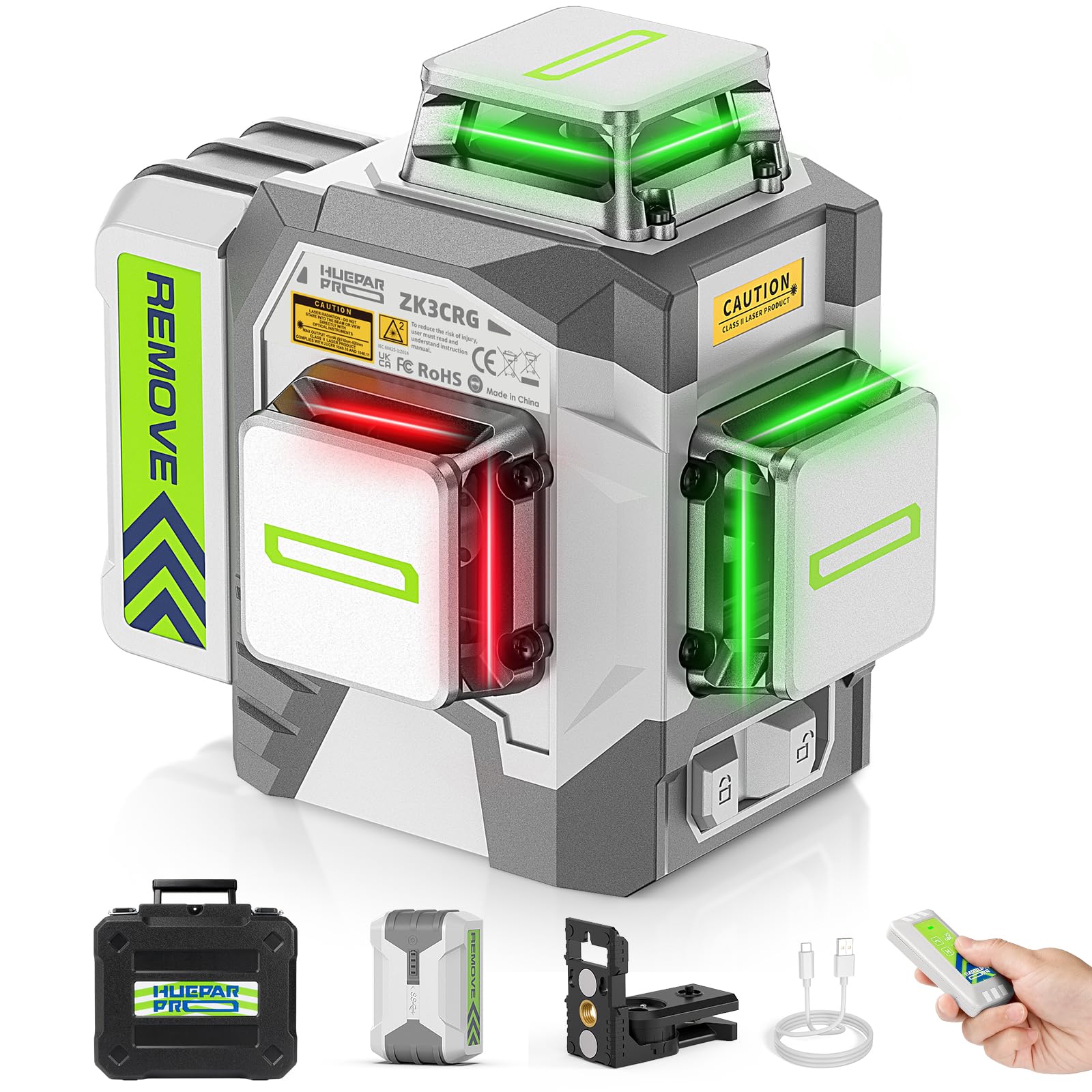 Huepar Pro cross line laser 3 * 360 gradi autolivellante rosso verde livella laser, alta precisione 3D livella laser ZK3CRG