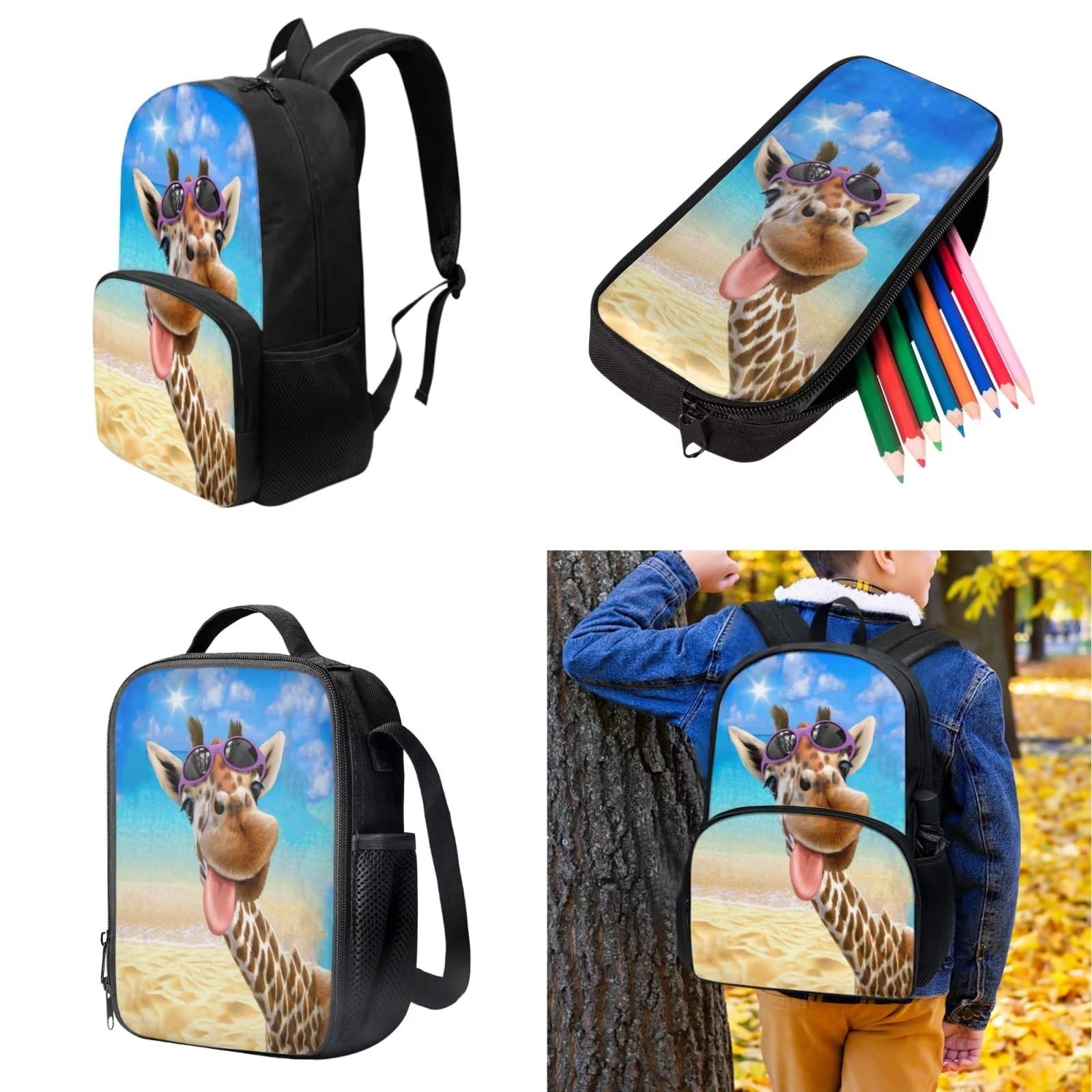 POLERO Juego de 3 bolsas escolares con impresión 3D para el almuerzo, estuche para lápices, jirafa, Talla única, Mochila infantil