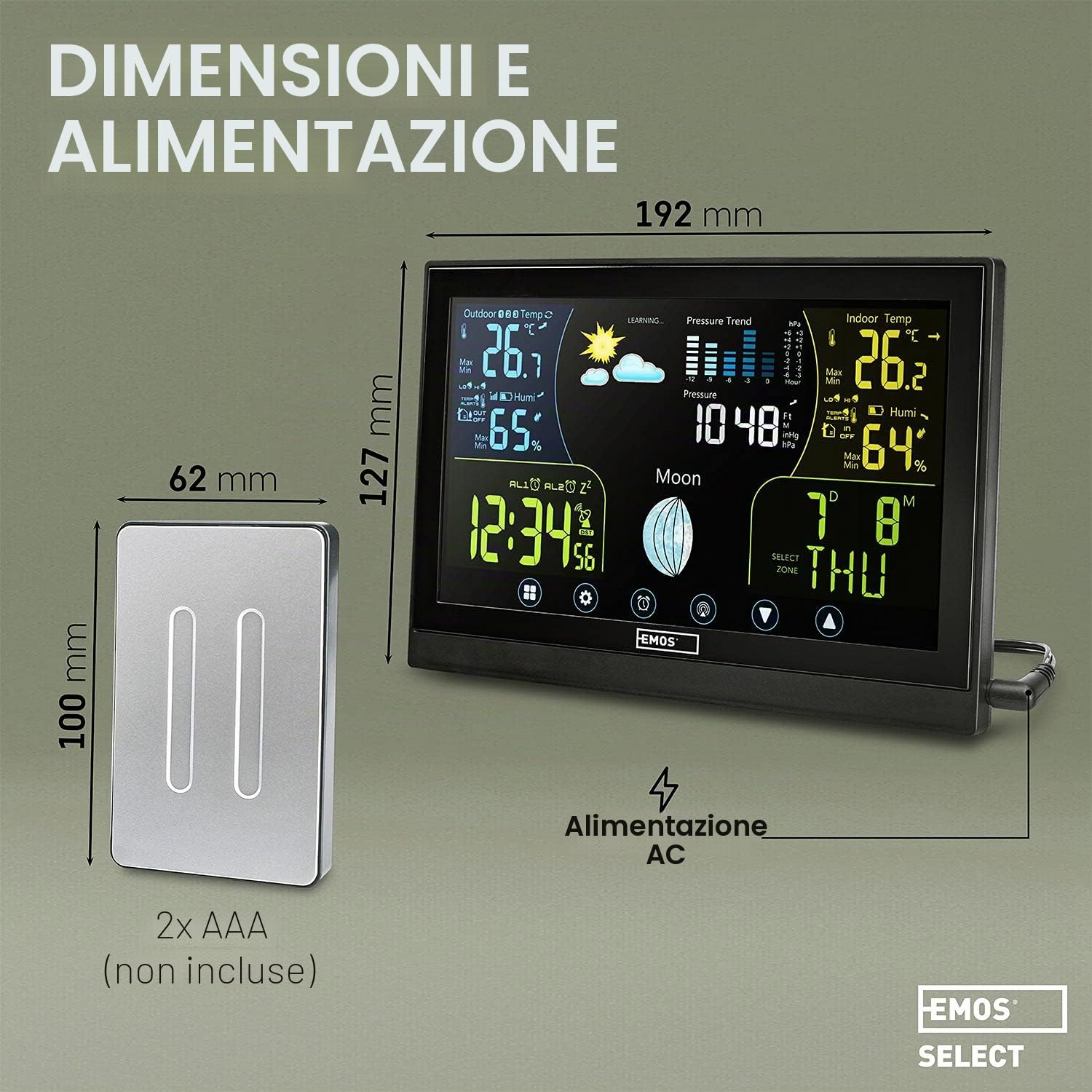 Emos Select Stazione Meteo Wireless con Display a Colori Touchscreen, Sensore Esterno, Segnale Radio, Orologio Radio – Temperature Interna ed Esterna, Barometro, Previsioni Meteo