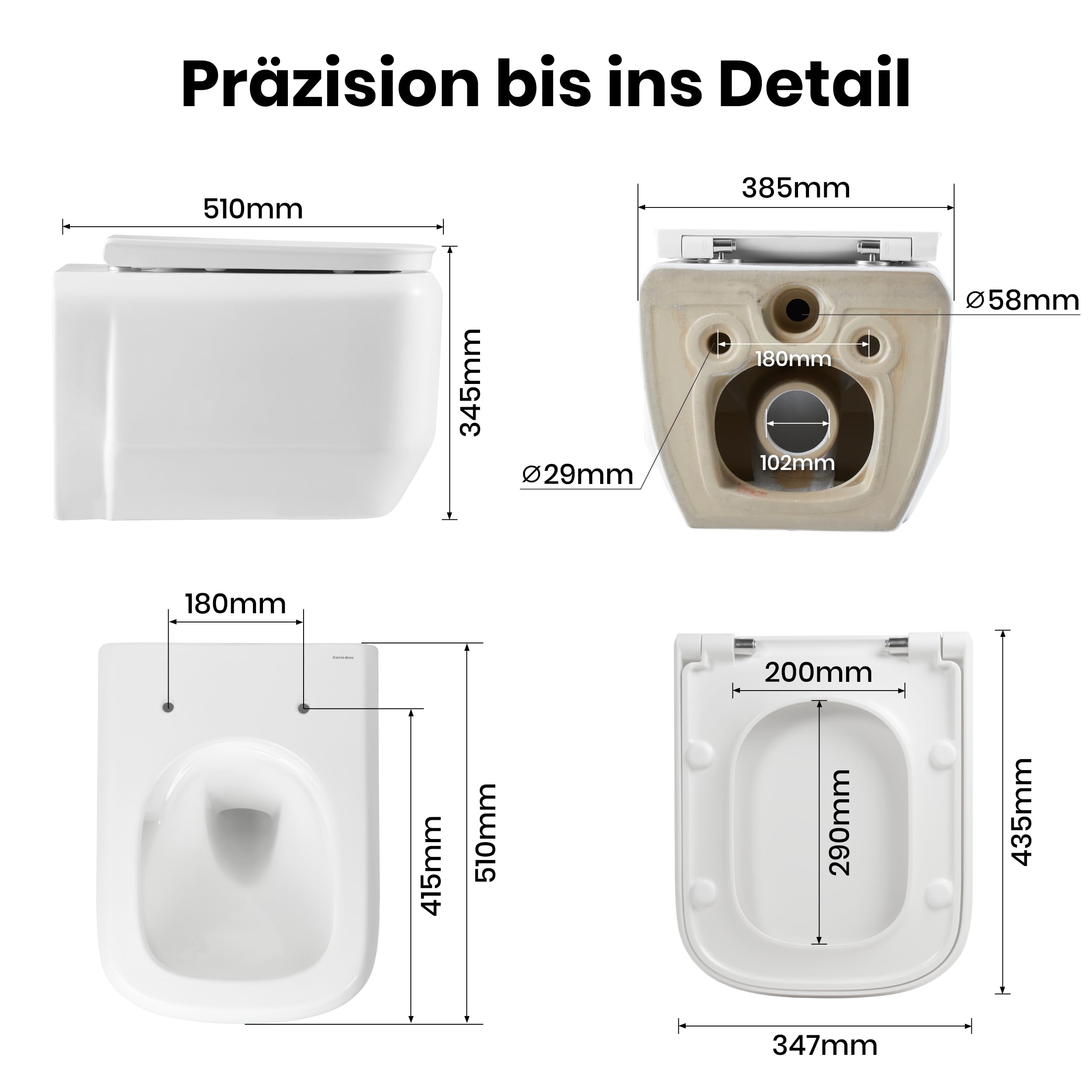 Casta Diva Wand WC, Hänge WC Spülrandlos Kraftvolle Tornado Spülung, Geräuscharm Toilette, UF Kloschüssel inklusive WC-Sitz mit Absenkautomatik und Schnellspanner, 51cm (Weiß)