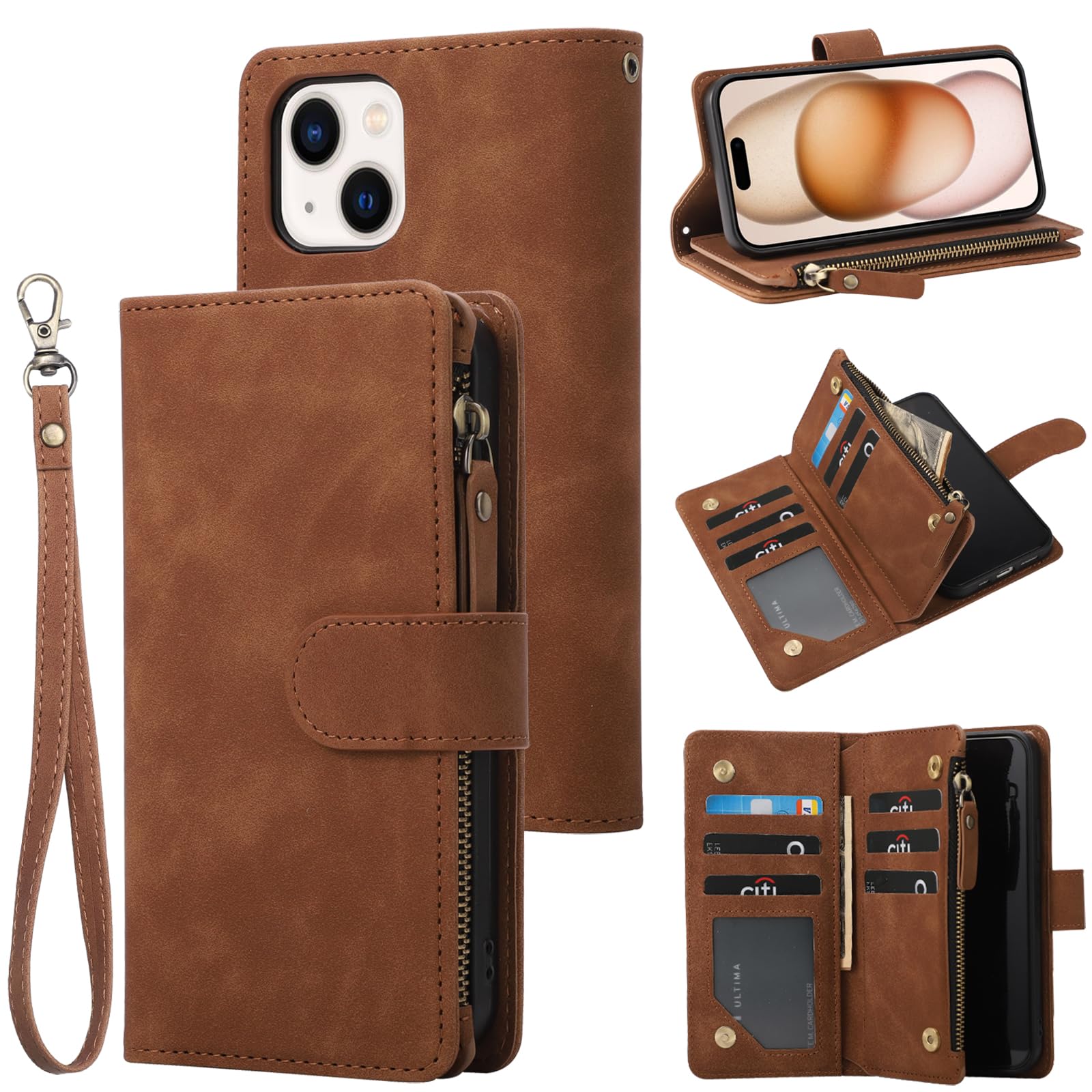 RANYOKWallet Case for iPhone 15 (6.1 inch) with RFID Blocking Credit Card Holder, Premium PU Leather [Zipper Pocket] Flip Folio Case Wallet with Wrist Strap Kickstand Protective (Brown)