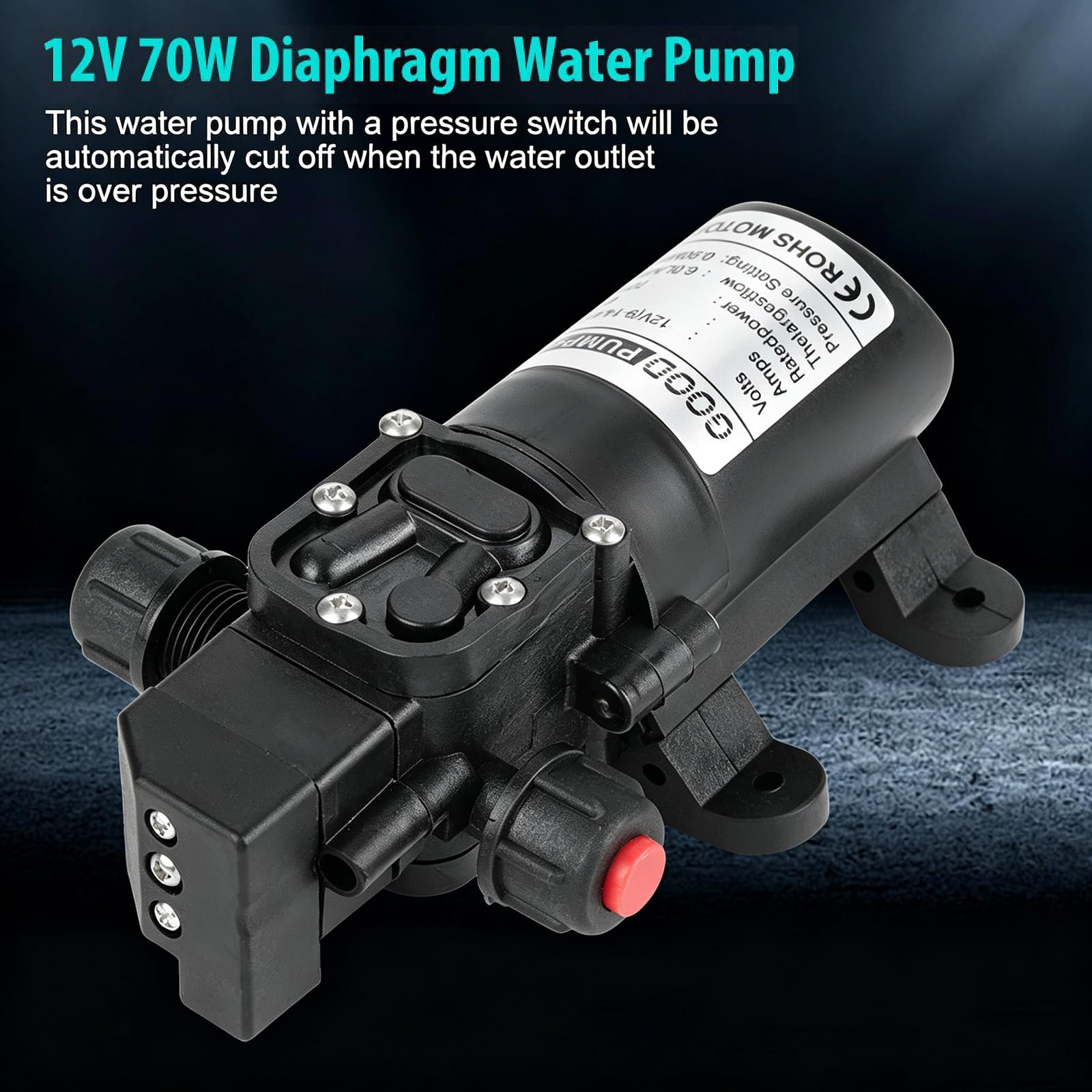 Pompe À Membrane 12V, Pompes À Eau Membrane Haute Pression DC12V 70W Pompe Pulvérisatrice Électrique Auto-Amorçante 6L/Min 0.9Mpa 131Psi, pour Caravane Camping-Car Marin Jardin de Bateaux