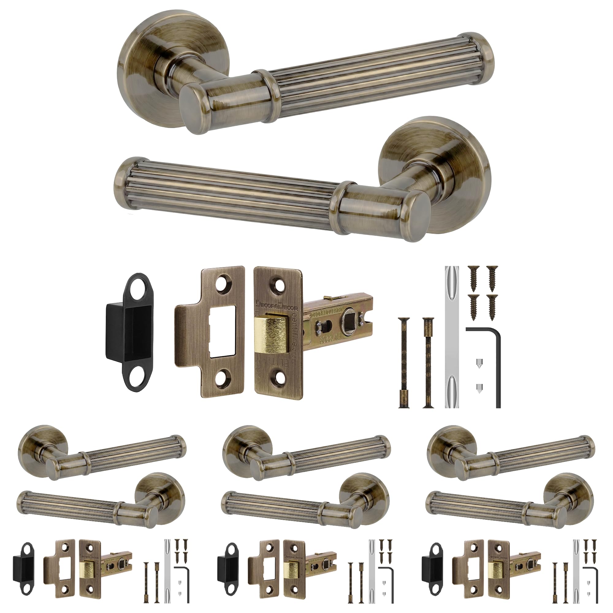 Decoranddecor Antique Brass Leto Door Handles, Latch Kit 64Mm 4 Pack