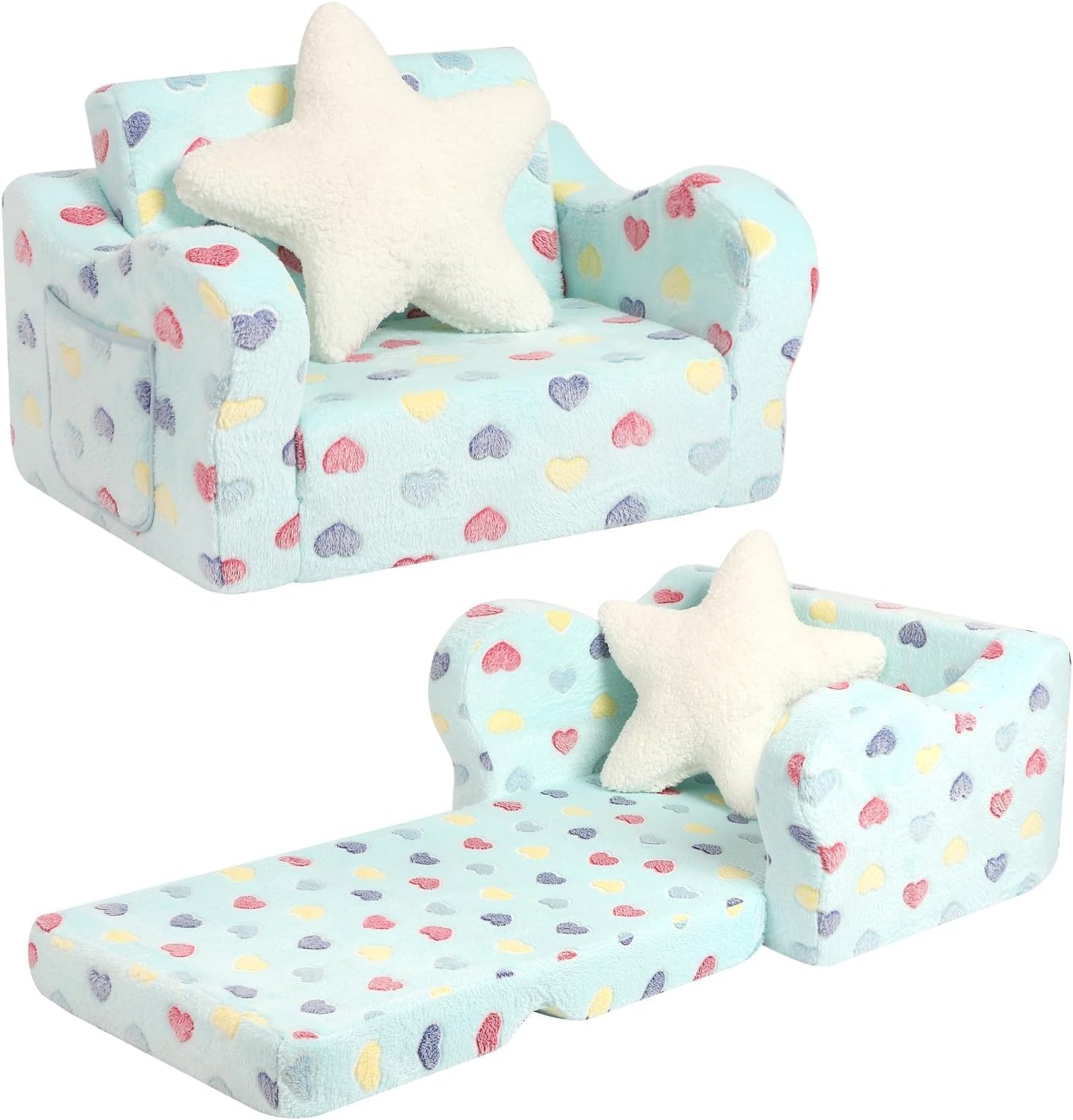 Toddler Couch, 2-in-1 Kids Soft Couch Fold Out with Star Pillow, Foldable Sofa to Lounger, Medium, Colorful Heart