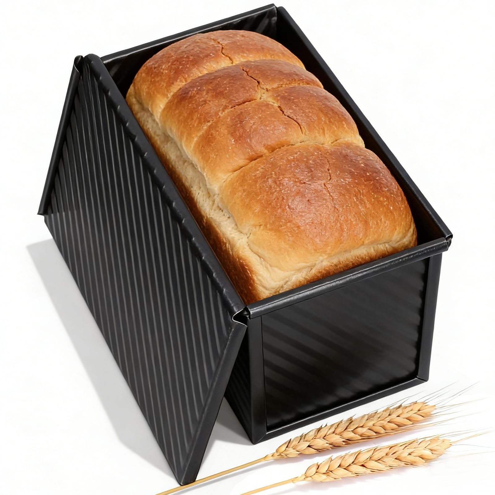Stampo per Pane con Coperchio Toast Scorrevole Stampo Per Pane Toast Ondulato Antiaderente Acciaio Cestino da Forno, 21.5 x 12 x 11.2cm(Nero)