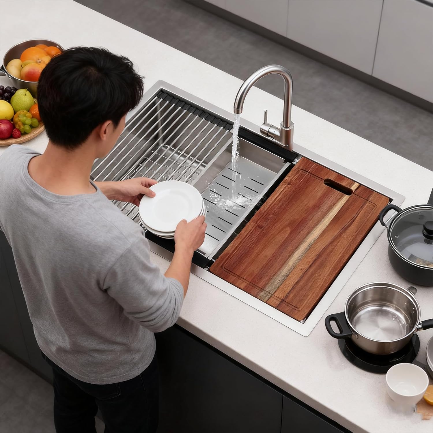 Generic 30 Inch Undermount Kitchen Sink Handmade Modern Integrated Ledge Workstation 16 Gauge Superior Drain Kitchen Sinks Fast Drain with Ledge & Accessories