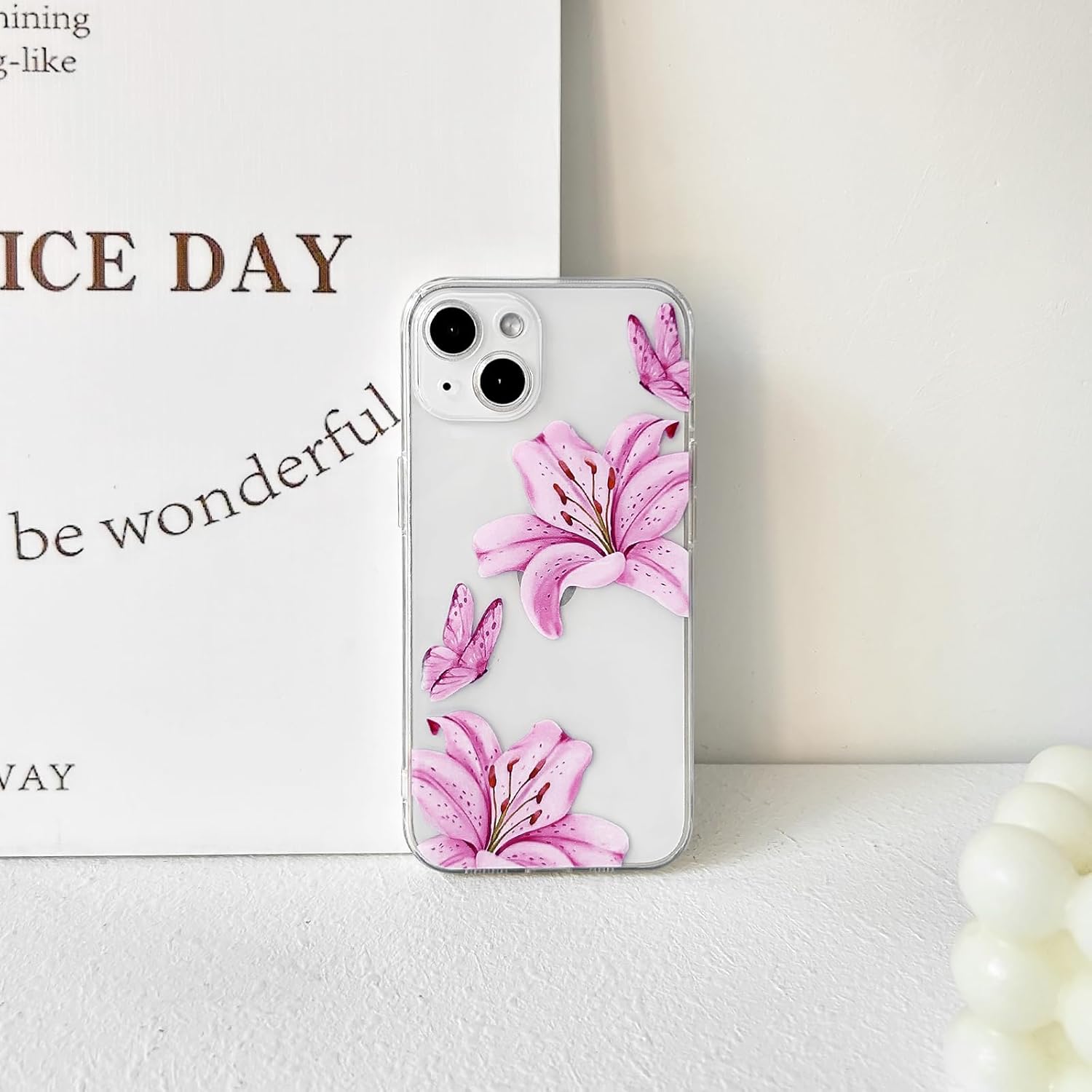 NITITOP Compatible with iPhone 14 Case Clear Cute Butterfly Lily Flower Floral Pattern for Women Girls Full Camera Lens Clear Slim Shockproof Protective Phone Cover - Rose Red - Image 6