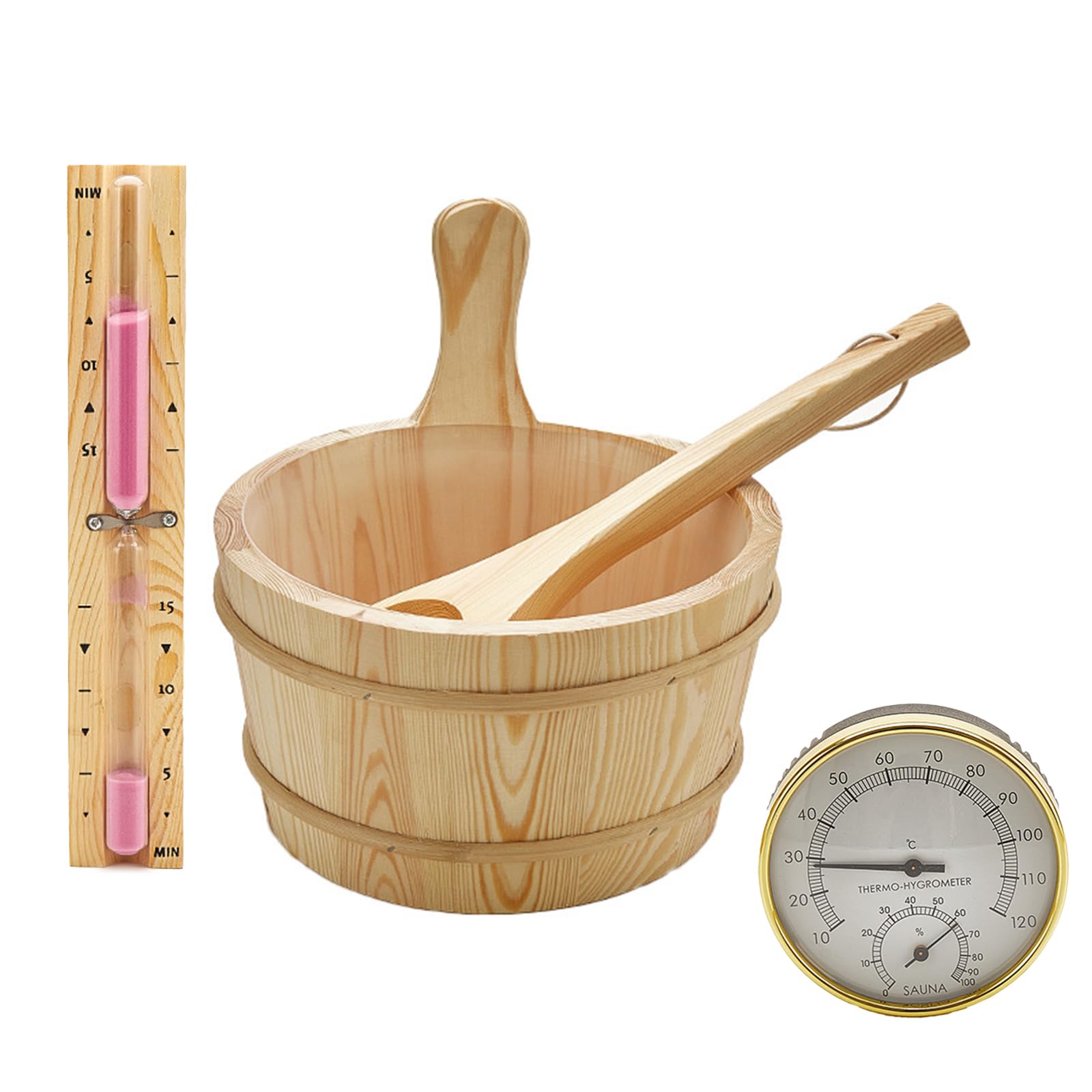 4l sauna bucket and ladle set,handmade wooden sauna bucket with ladle,14? sauna ladle,thermo-hygrometer,sauna hourglass,4 pcs sauna accessories kit for home bath spa pool outdoor