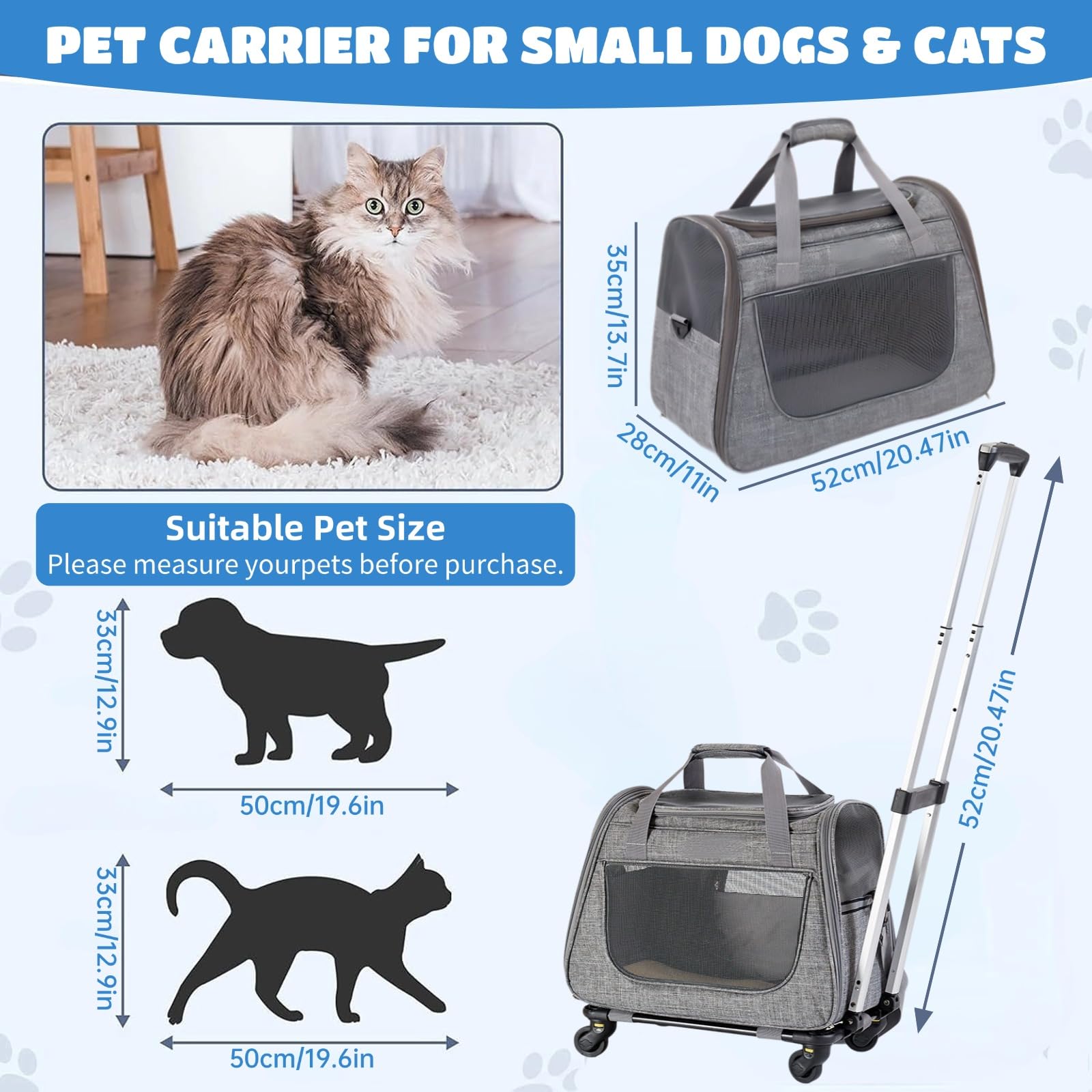 Trasportino per Gatti Cani con Ruote Trasportino per Cani Domestici su Ruote Trasportino da Viaggio per Animali Domestici 2 in 1 Trolley per Gatti con manico e tracolla