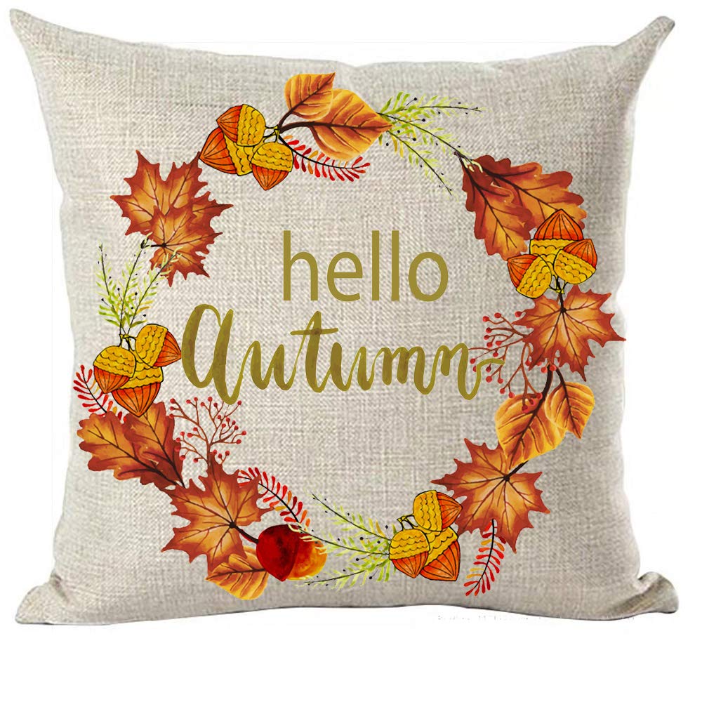 ramirar Brown Word Art Hello Autumn Fall Y'all Thanksgiving Day Orange Maple Leaves Decorative Throw Pillow Cover Case Cushion Home Living Room Bed Sofa Car Soft Cotton Linen Square 18 x 18 Inches