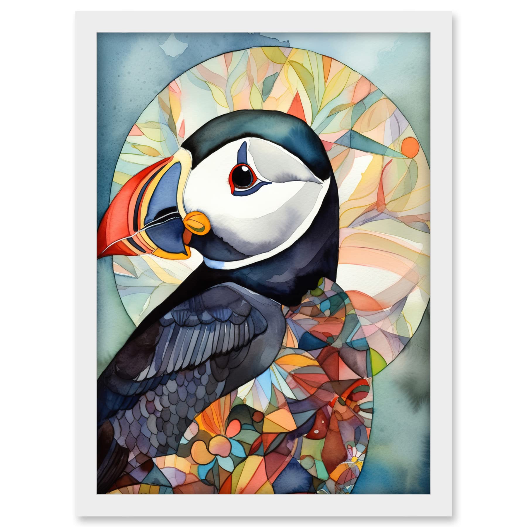 Artery8 Puffin Bird Portrait Folk Art Artwork Framed A3 Wall Art Print