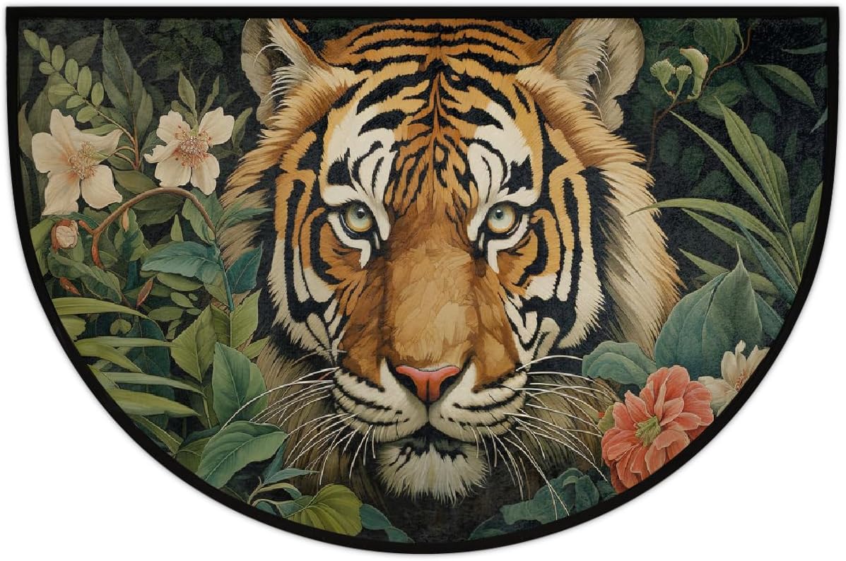 Tiger Leaves Flowers Half Round Door Mat Animal Tiger Non-Slip Half Circle Area Rug Doormat Half Moon Rug for Indoor Kitchen Bedroom Home Decor