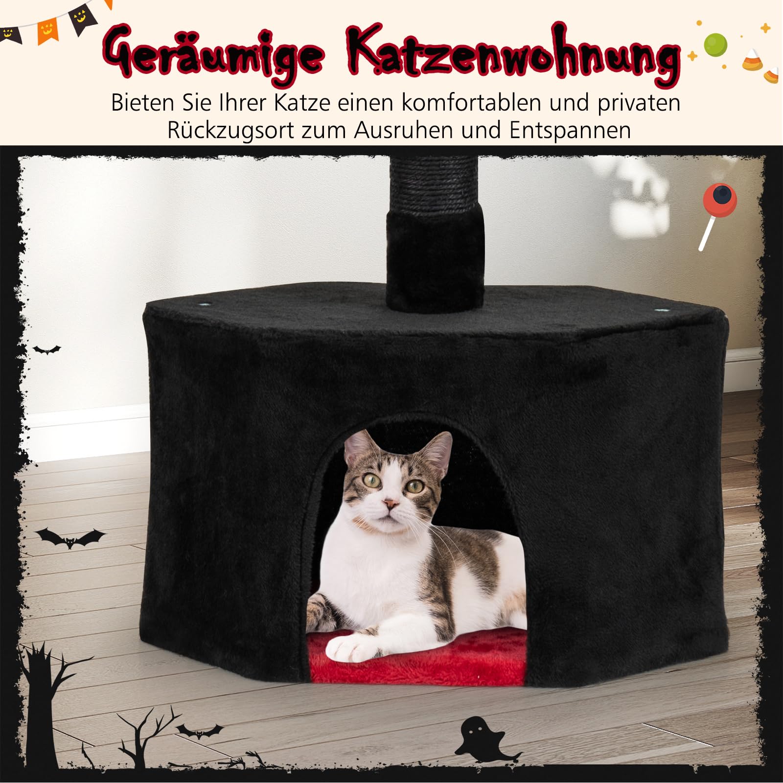 COSTWAY Drapak na sufit, 245-300 cm, od podłogi do sufitu, gotycki Halloween, 5-piętrowy drapak dla kotów, drapak na dużą wysokość, drzewo do wspinaczki z sizalowymi słupami, koszykiem, jaskinią i
