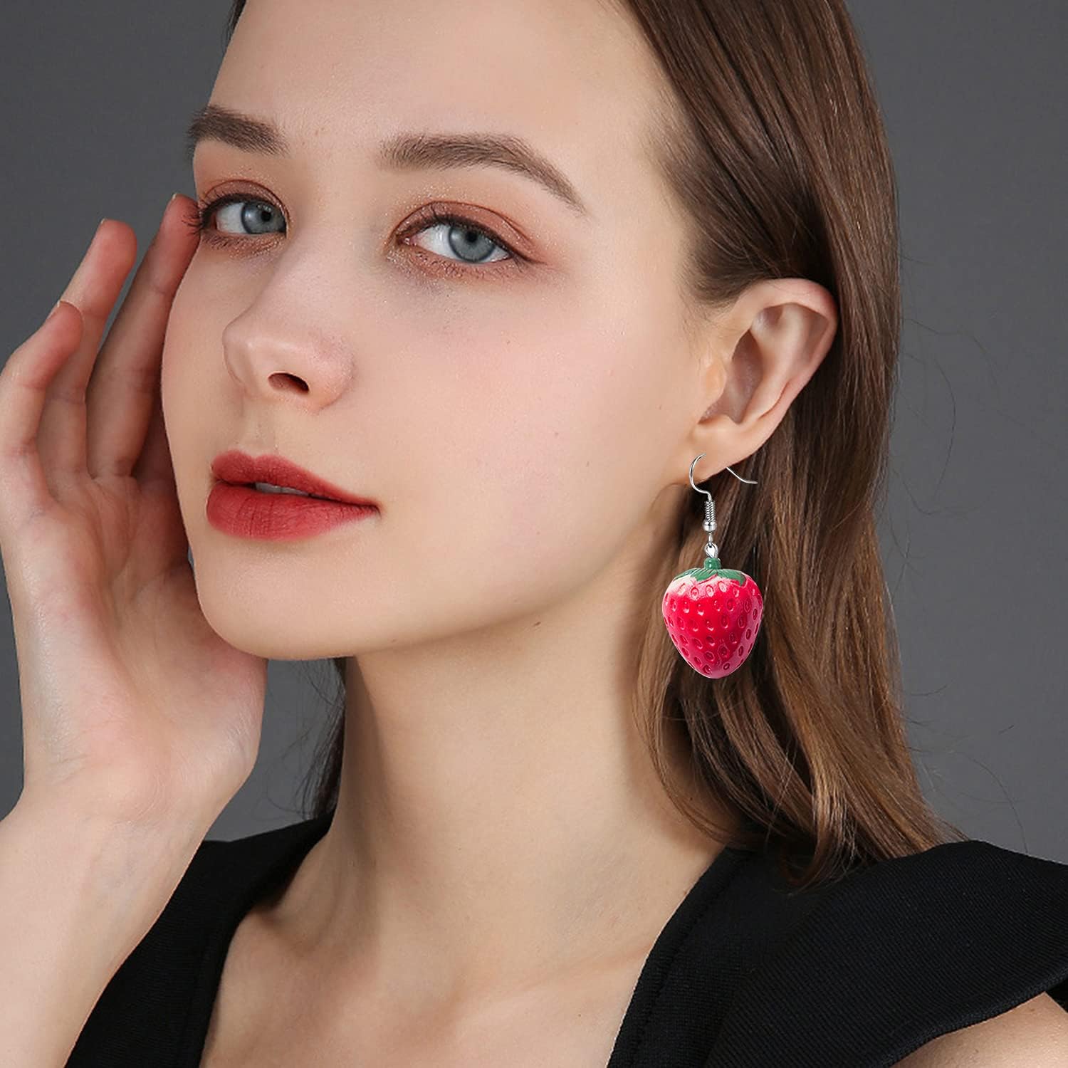 Creative Personality Red Strawberry Earring Cute 3D Acrylic Fruit Resin Simulation Strawberry Drop Dangle Earrings for Women Teen Girls - Image 3