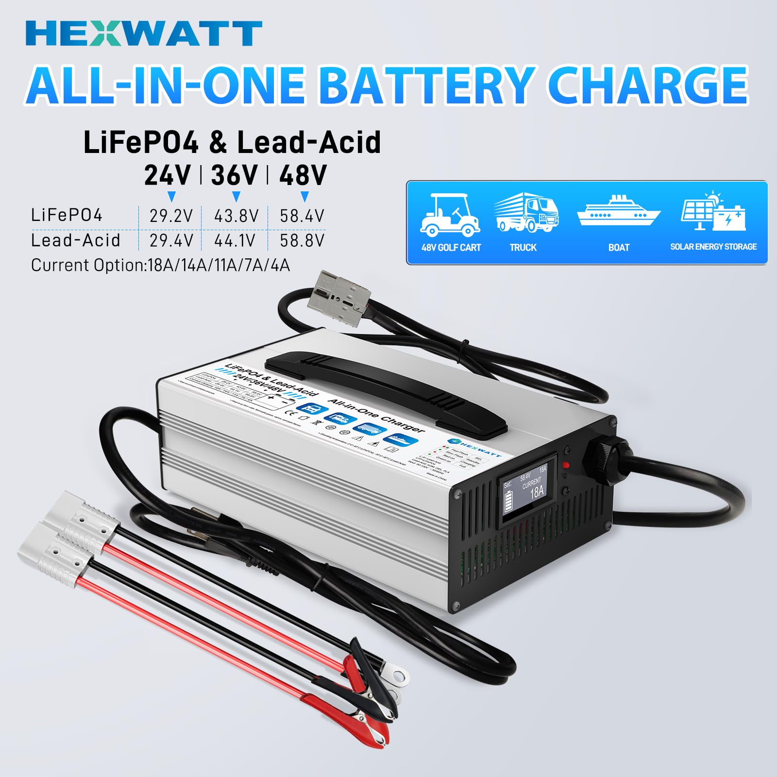 Cargador de batería LiFePO4 y AGM de 24 V/36 V/48 V, LiFePO4 29,2 V, 43,8 V, 58,4 V y ácido de plomo (AGM/Gel/FLA) 24 V/36 V/48, corriente ajustable 4 A-18 A con pantalla LCD