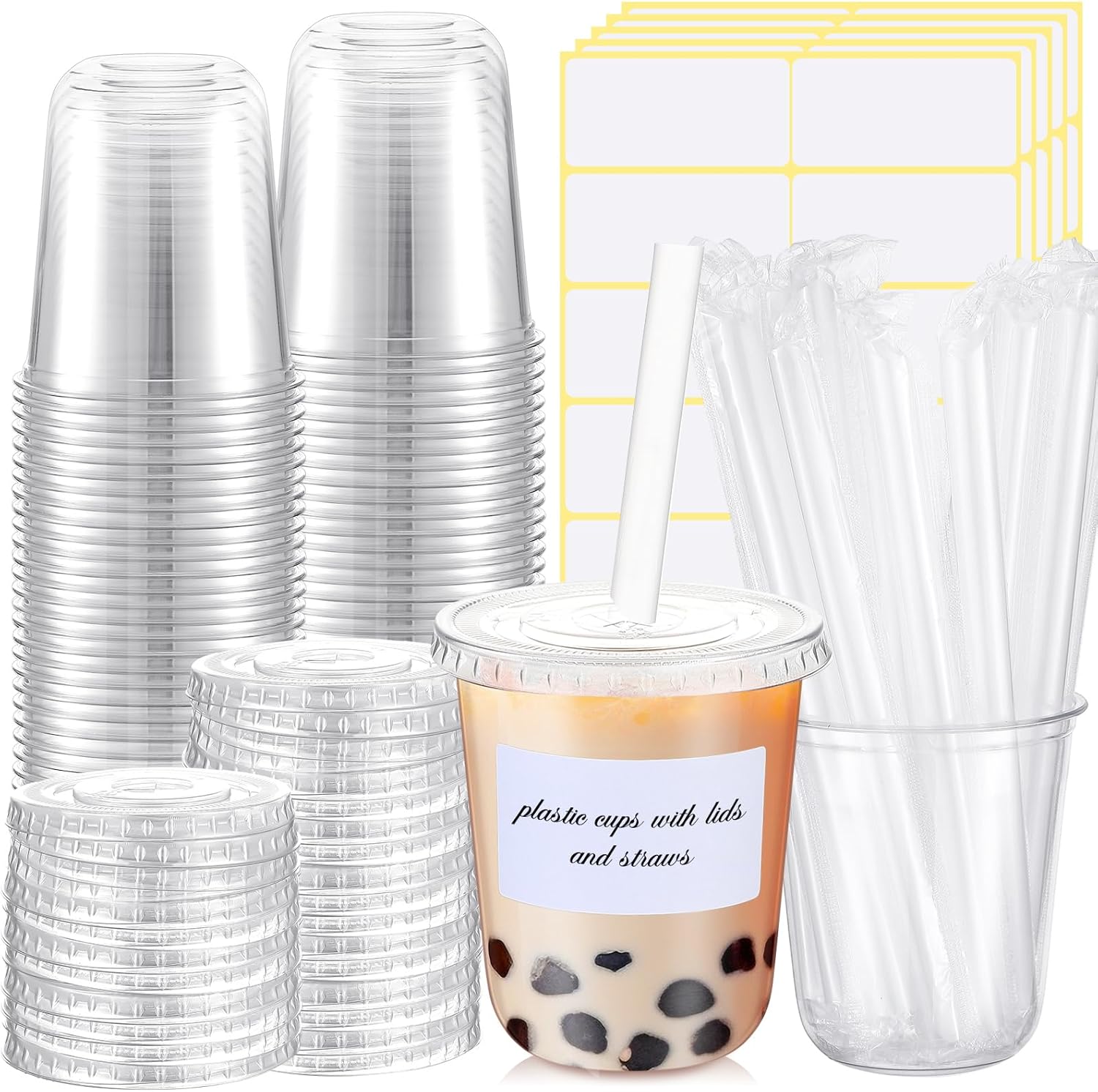 Ziliny 25 Sets Crystal Plastic Clear Cups with Lids, Straws and Stickers, Disposable Iced Coffee Cups Thickened PET for Iced Coffee, Bubble BobaTea, Smoothie, Cold Drinks, Juice, Shops (14 oz)
