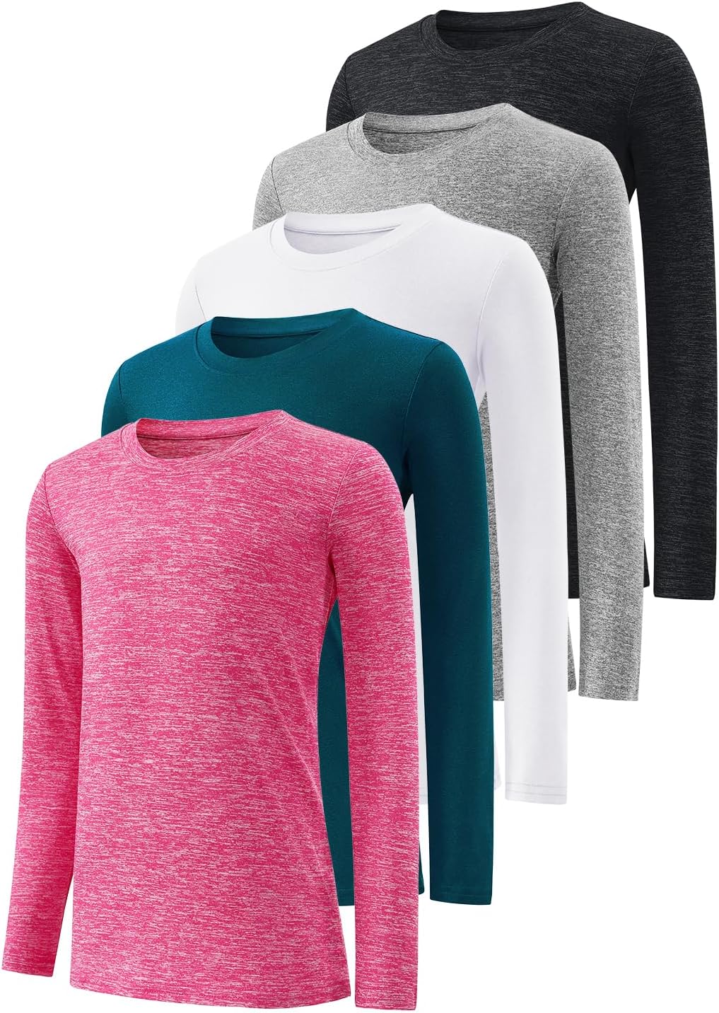 Star Vibe 5-Pack Girls Long Sleeve Athletic Shirts Dry Fit Crew Neck Active Performance T-Shirts for Kids Teens Workout Tops