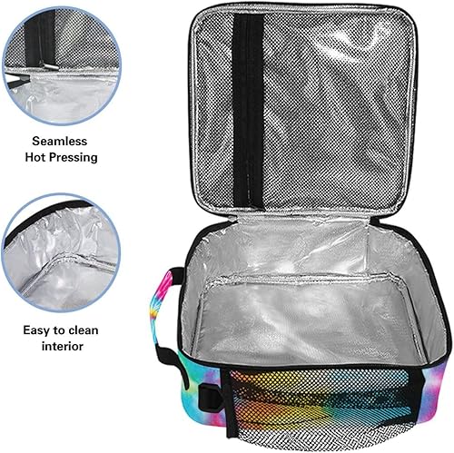 Miniatura 3 de Lonchera con diseño de remolinos de teñido anudado arcoíris para niños, bolsa de almuerzo aislada, bolsa enfriadora iridiscente, correa de hombro