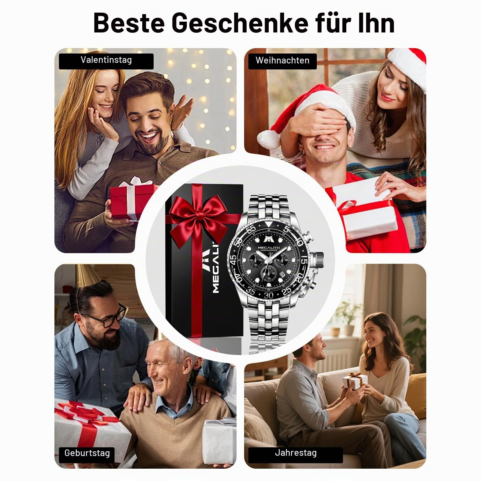 MEGALITH Herren Uhren Edelstahl Armbanduhr: Chronograph Wasserdicht Analog Quarz Herrenuhren mit Leuchtend Datum - Stilvoll Geschenke für Business Männer Jubiläum Geburtstag