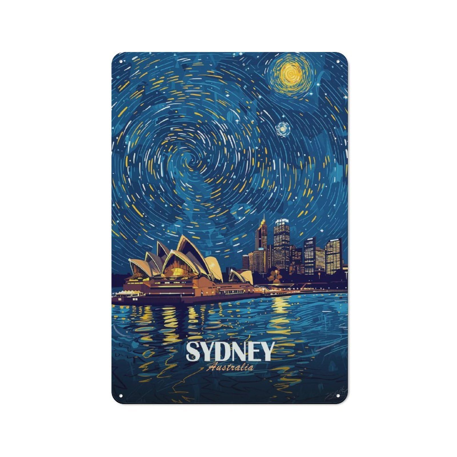 Junmoney Sydney Opera House Starry Night Rustic Metal Wall Decor 30X20cm, Rustic Metal Sign For Farmhouse Kitchen, Pantry Or Dining Area