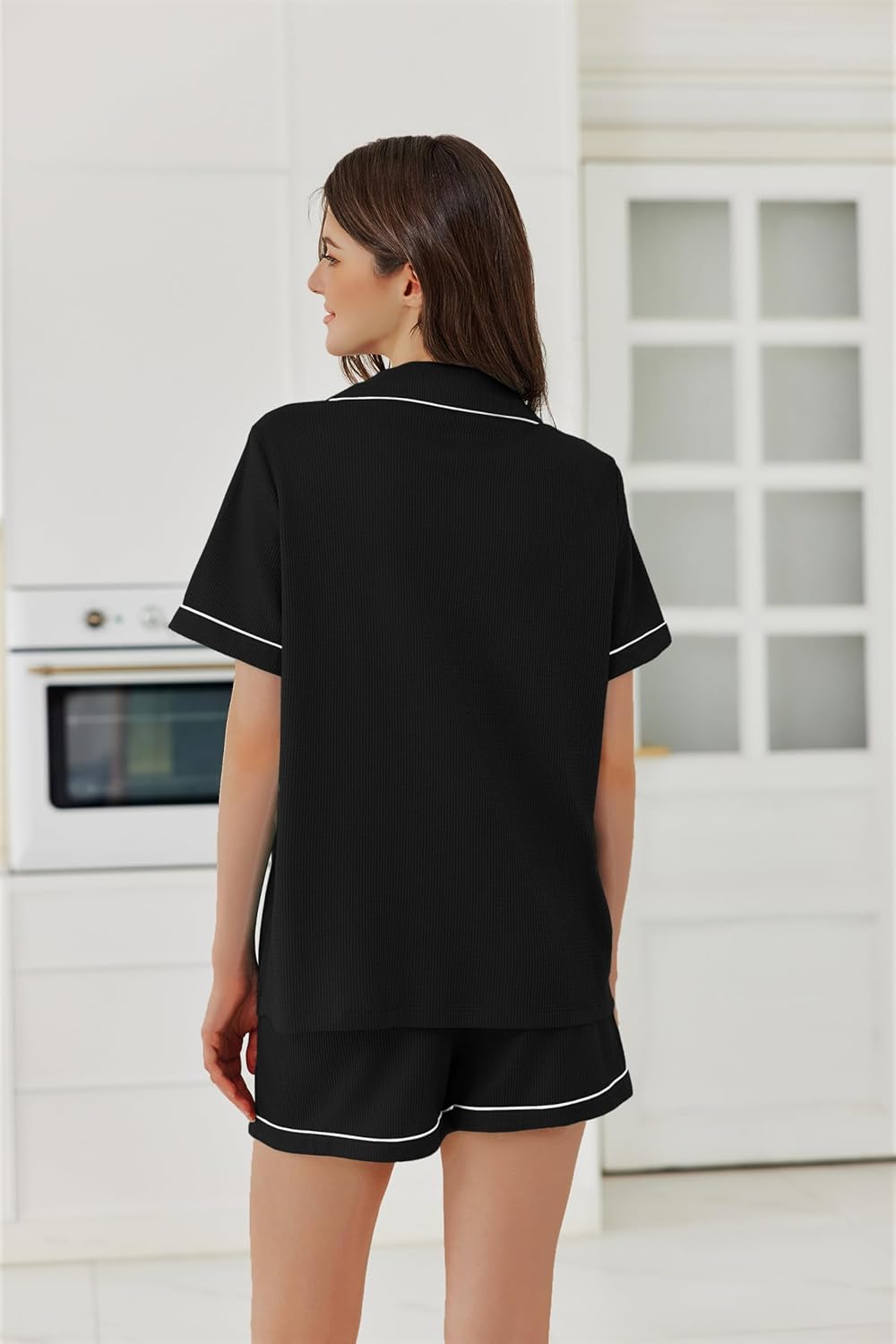 Ekouaer Womens Waffle Knit Pajama Sets Soft Short Sleeve Button Down Sleepwear Cozy 2 Piece Pjs Shorts Set - Image 3