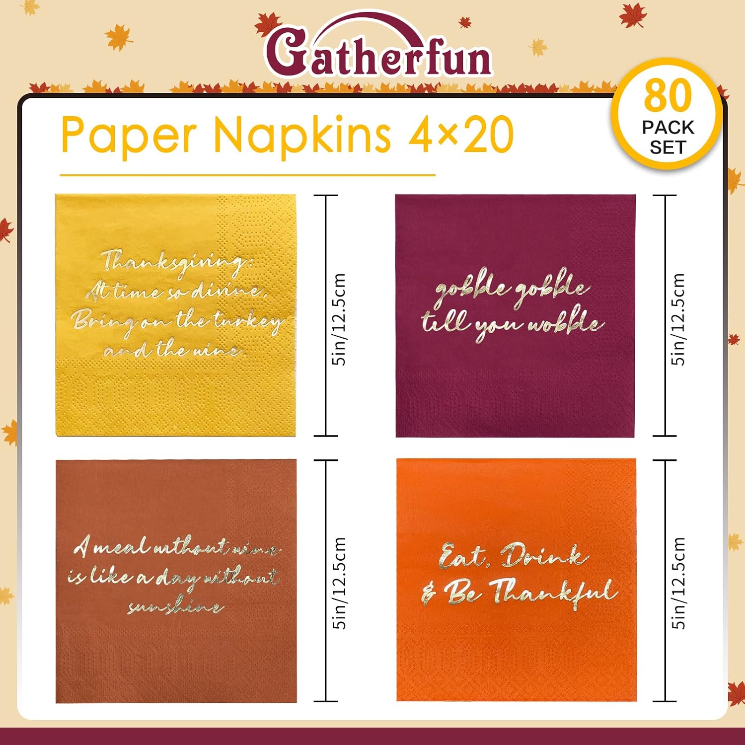 Thanksgiving Party Supplies, Golden Autumn Paper Beverage Napkins, Paper Cocktail Napkins for Autumn Party Decorations and Thanksgiving Party Decorations, 4 Assorted Colors , 80 Pack