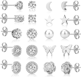 10 Pairs Silver Stud Earrings Set for Women Girls Fashion Hypoallergenic Simple Chic Pearl Cubic Zirconia Star Moon Butterfly Rose Studs Earrings for Multiple Piercing