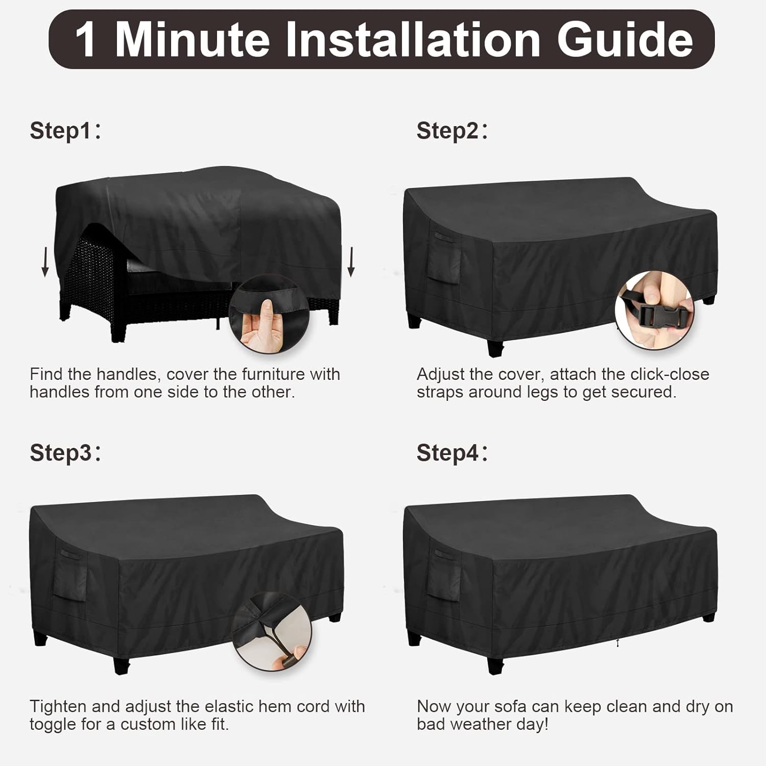 PureFit Outdoor Couch Cover Waterproof Patio Sofa Furniture Covers, 3-Seater Outdoor Cover with Air Vent and Handles, 78W x 35D x 35H Inches, Black - Image 7