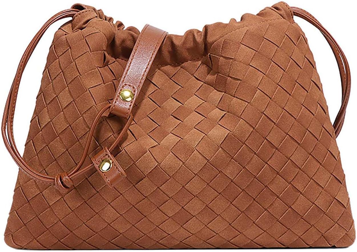 Suede Woven Hobo Tote Bag for Women Slouchy Underarm Shoulder Leather Drawstring Bag Crossbody Purses