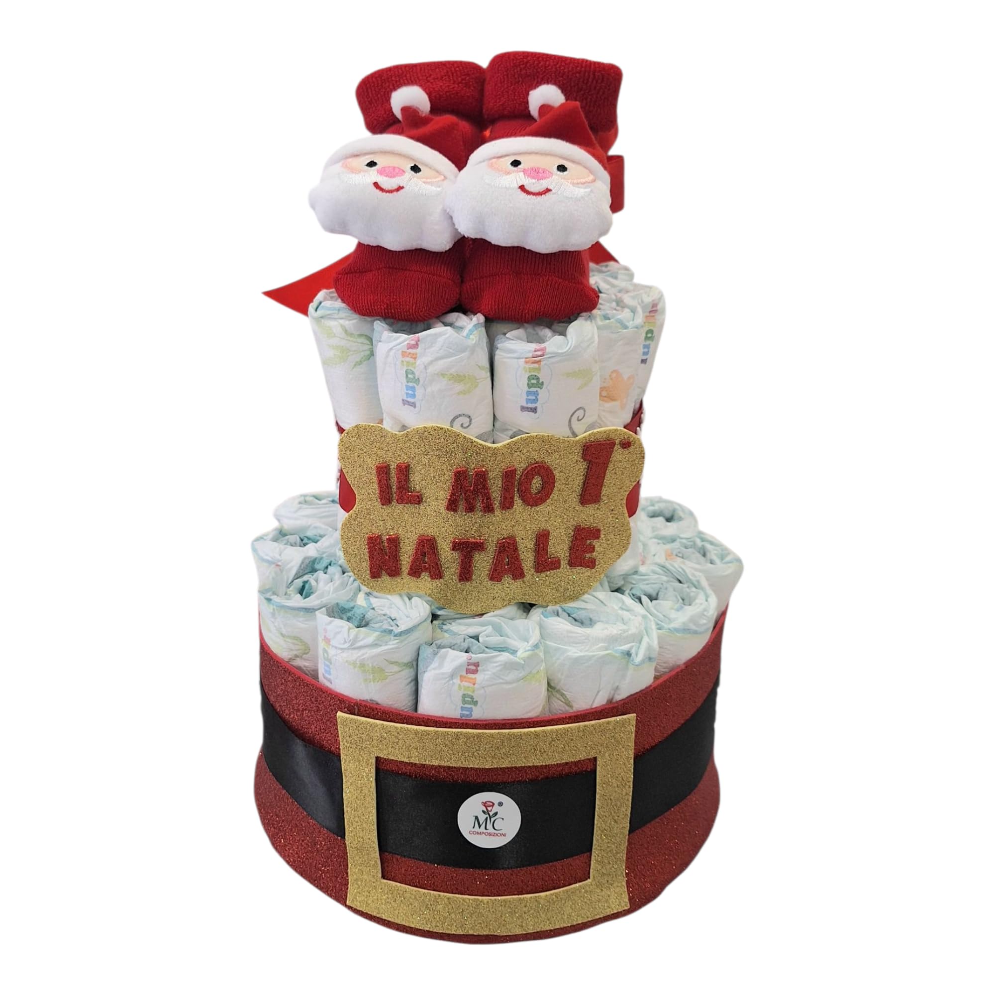 MC® Torta di Pannolini Natalizia, 32 Pannolini, Calzini Antiscivolo, Design Natalizio con Fiocco Rosso e Fiocchi di Neve,MC Composizioni 32cm x 23cm