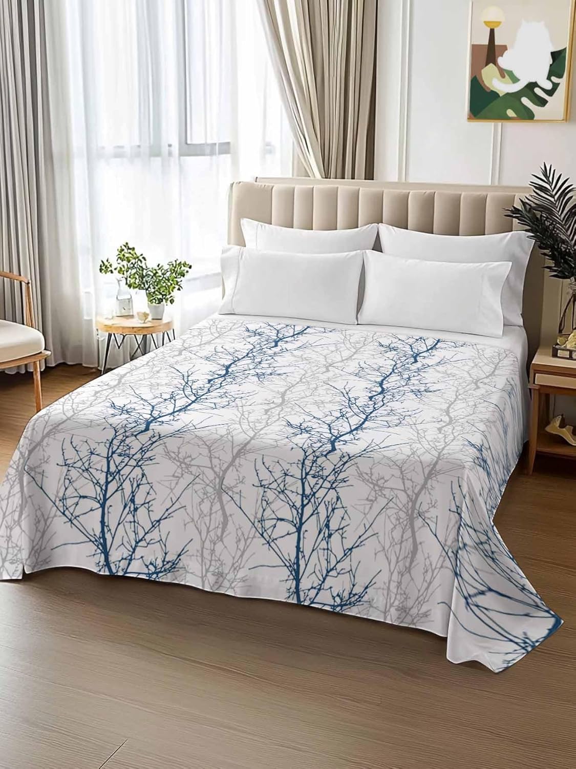 Top Sheet Full Bedding Flat Sheet Only, Blue Gray Tree Branch on White Microfiber Bed Sheets Soft Breathable Bedding Flat Sheets, Botanical Seamless Plant Texture Hotel Luxury Top Sheets