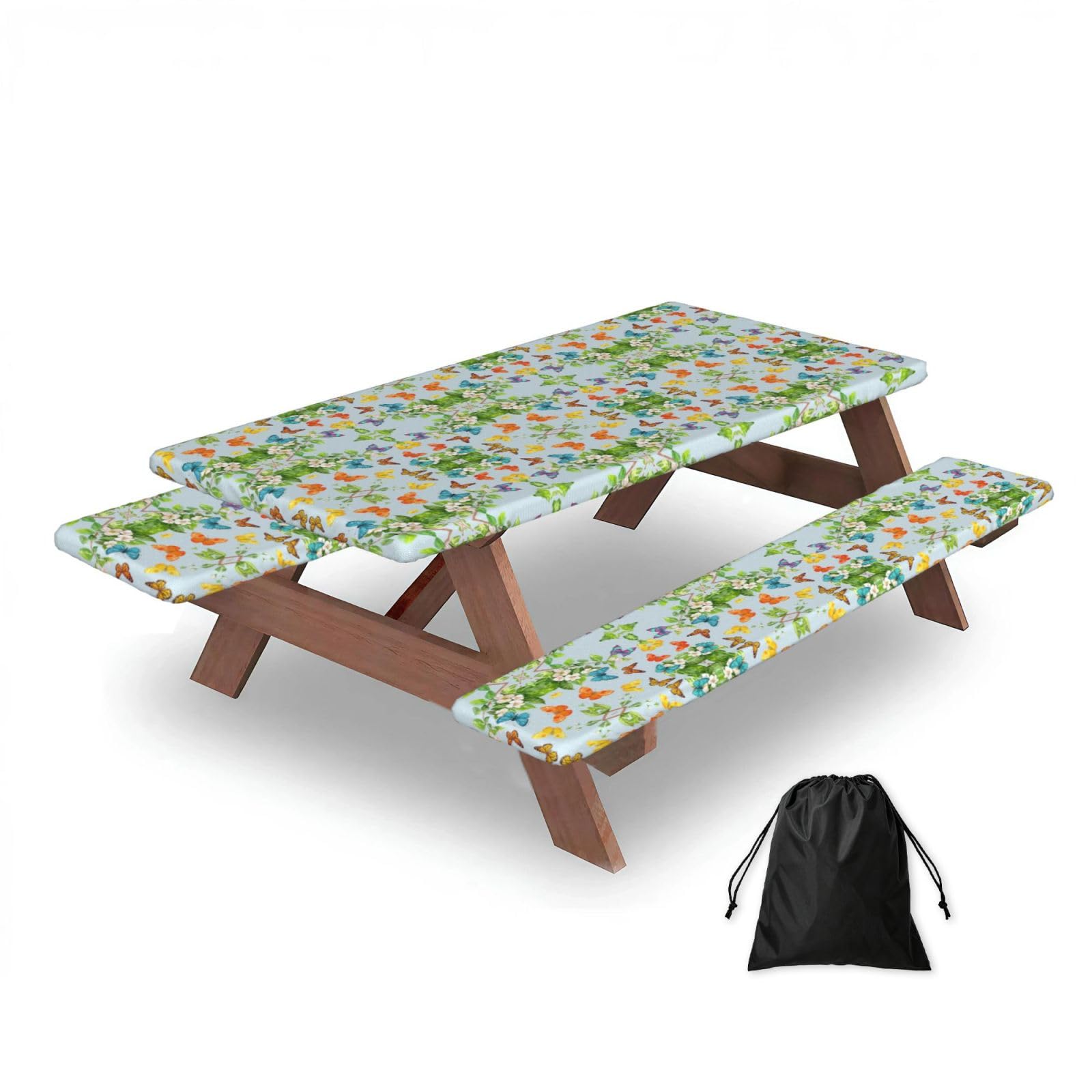 ESNAIUVCD Flying Butterflies Print Picnic Table Cover With Bench Covers,Camping Essentials,Fitted Tablecloth Cover With Elastic Edge, For Indoor & Outdoor 3 Pcs