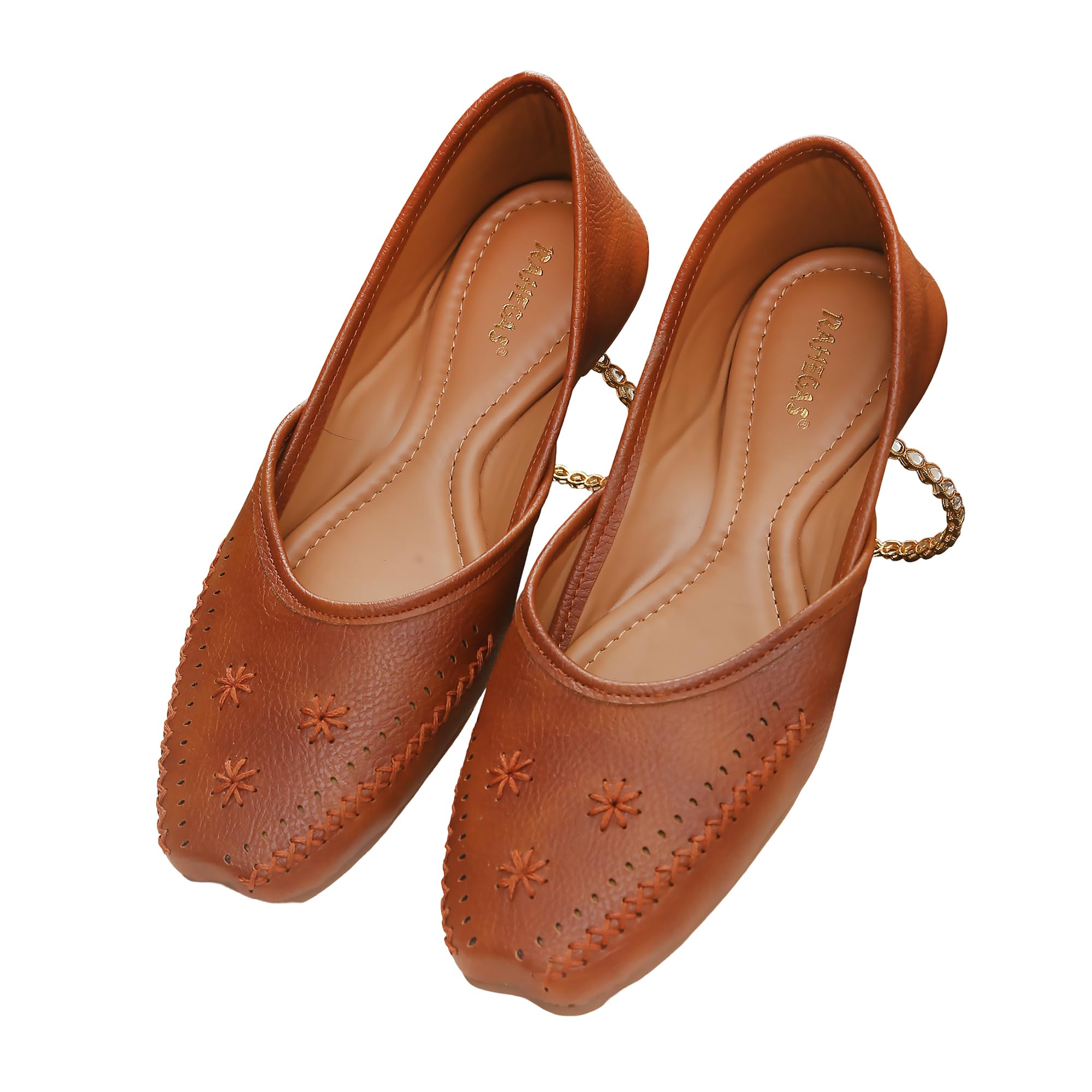 RAHEGAS Women's Handmade Leather Punjabi Jutti | Traditional Rajasthani Mojari with Flat Sole | Comfortable Ethnic Footwear for Casual | Wedding, Bridal