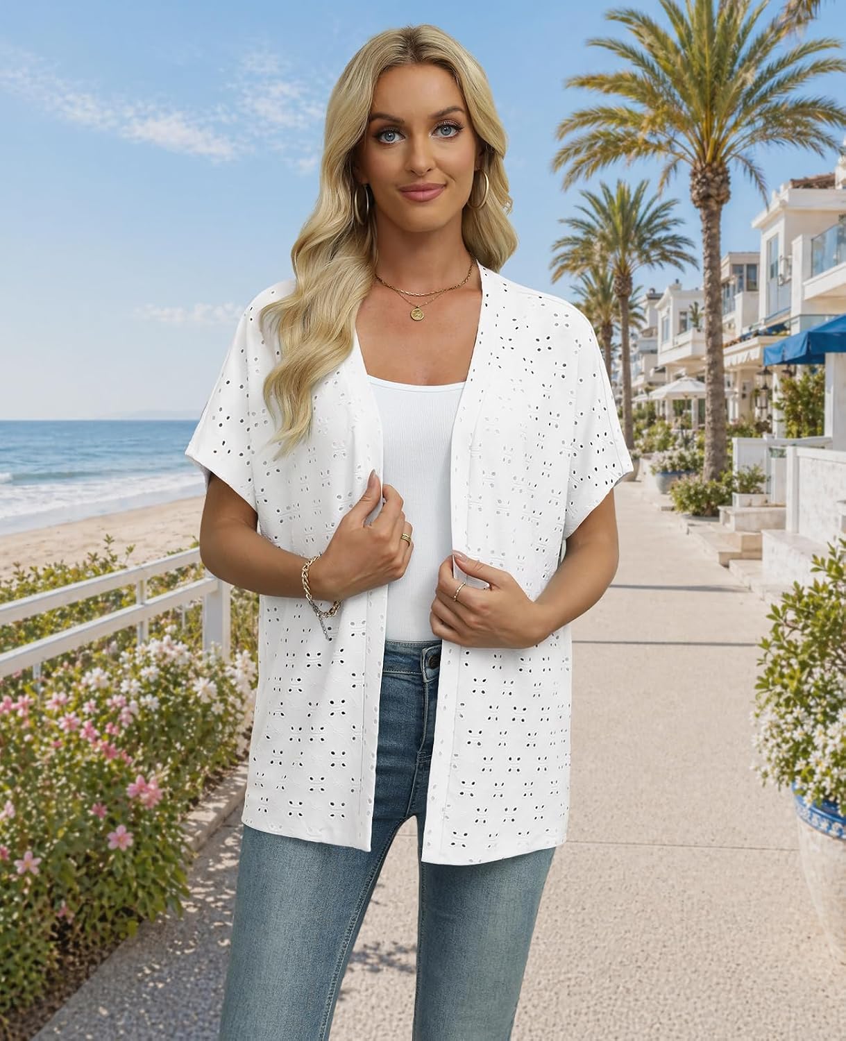 DouBCQ Womens Short Sleeve Cardigan Summer Open Front Cardigans Lightweight Beach Cover Ups