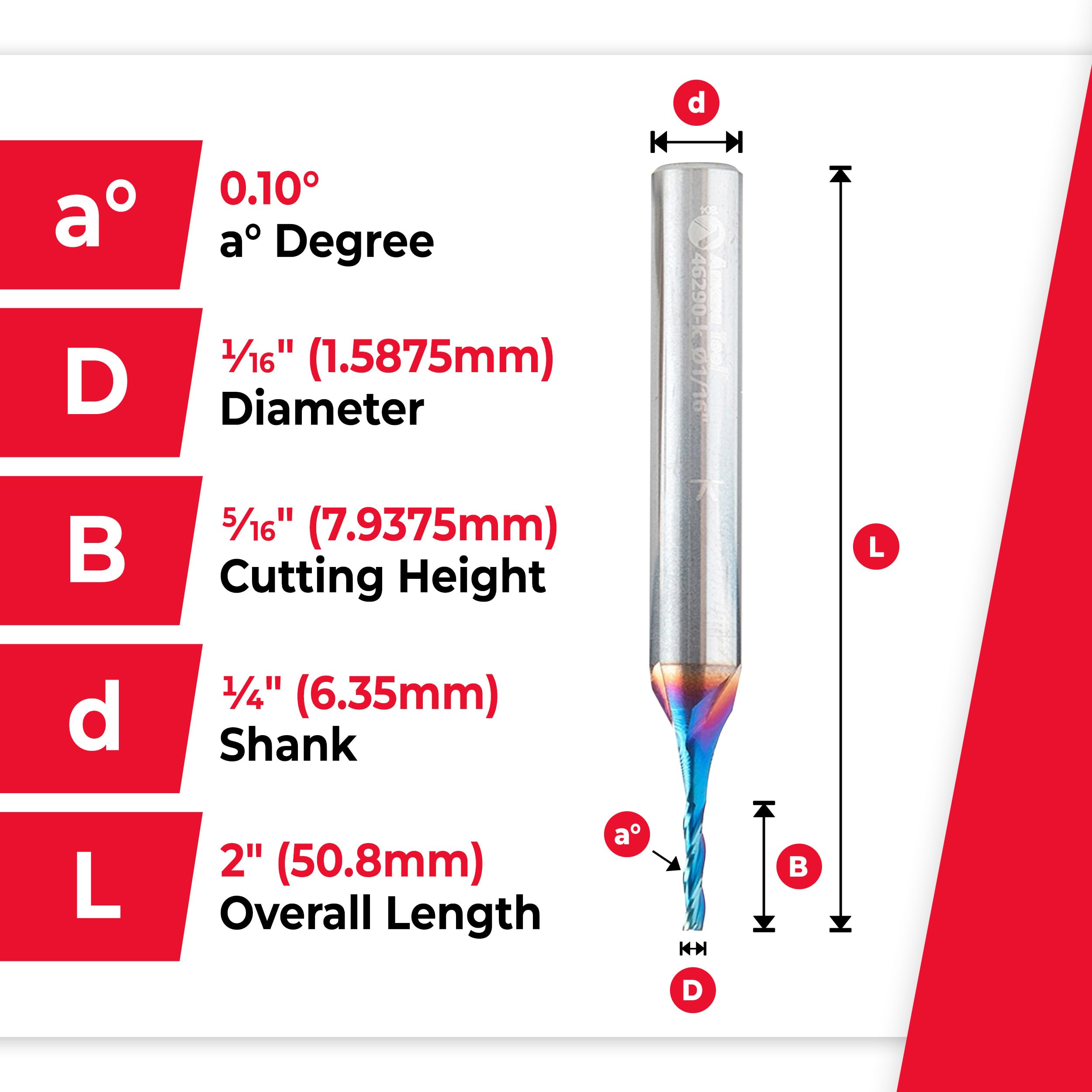 Amana Tool 46290-K CNC Carving Router Bit - 0.10° Angle, 1/16" Dia, 5/16" Cut, 1/4" Shank For 2D/3D Wood & Plastic