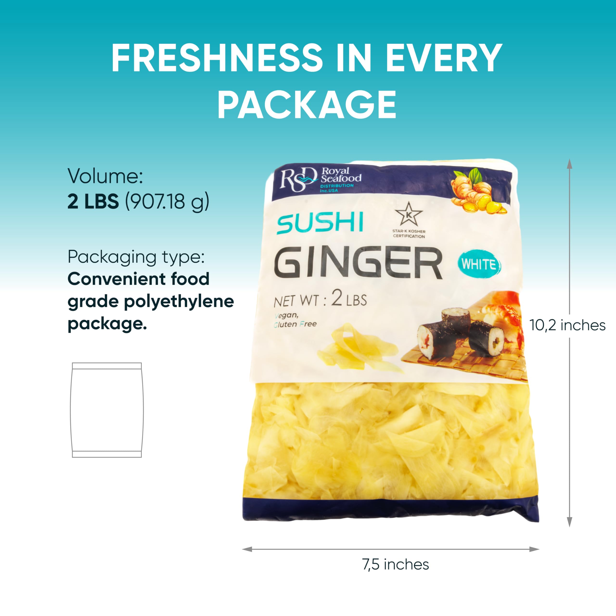 RSD Premium Pickled Sushi Ginger - 2 lb White Gari - Japanese Pickled Ginger for Sushi - Vegan, Kosher, Gluten Free - Sushi Ingredients and Toppings - Organic, Sugar-Free Ginger Slices for Asian Food
