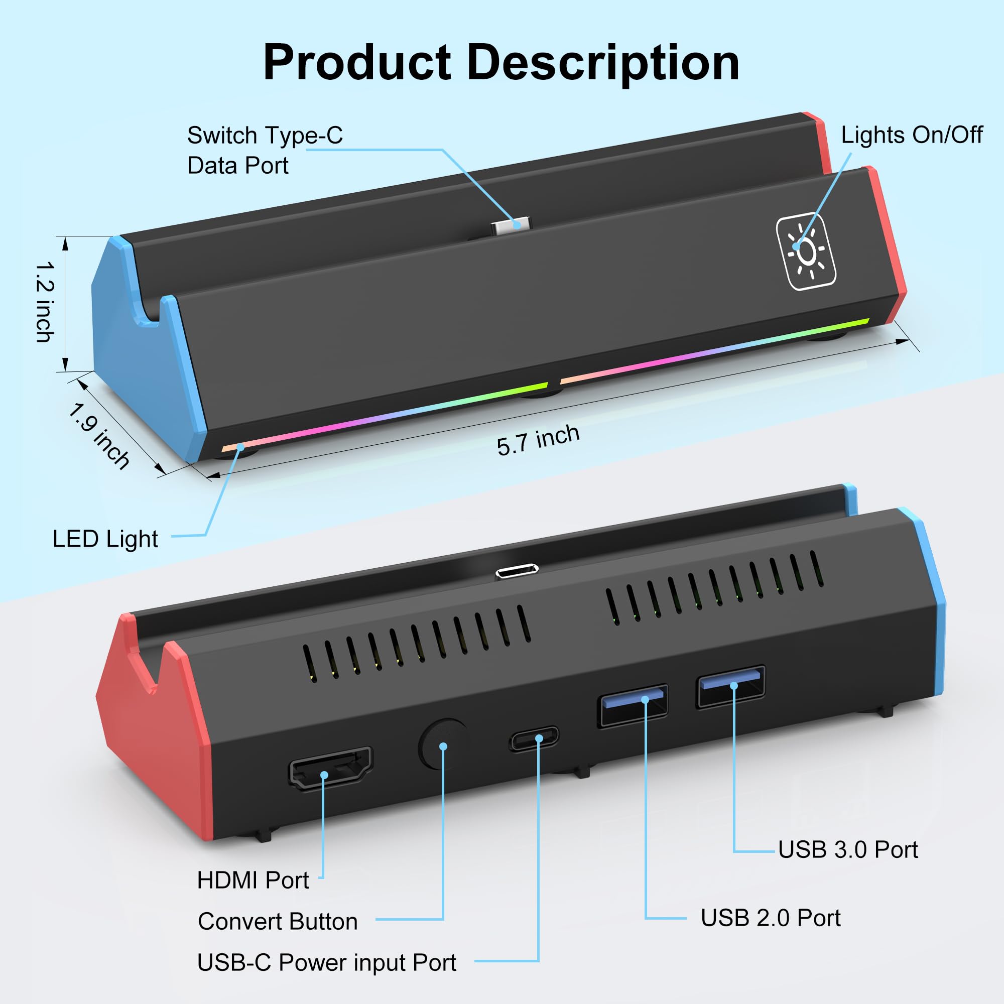 Switch 2 Estación de base de TV para Nintendo Switch 2, soporte base de repuesto portátil con salida HDMI 4K, puerto tipo C, puerto USB 3.0, luz LED RGB para Nintendo Switch-2 oficial