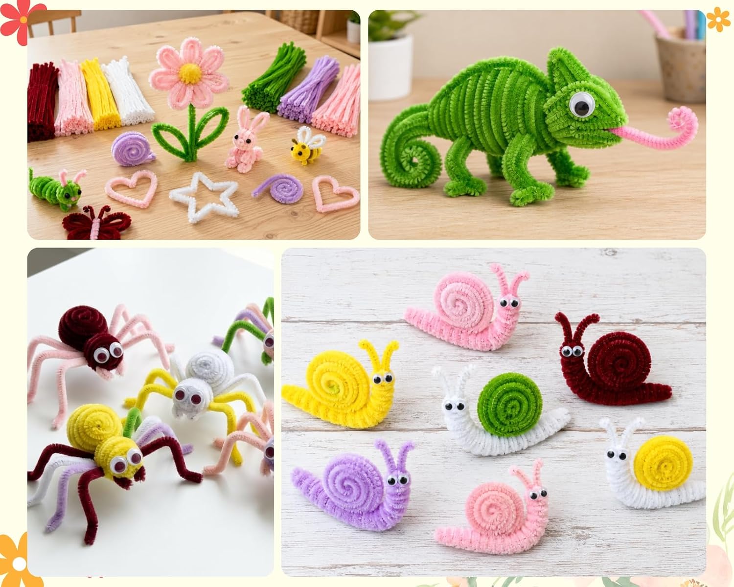DS. DISTINCTIVE STYLE 700PCS Pipe Cleaners Craft 7 Colours Pipe Cleaners Flowers Kit with Handle DIY Pipe Cleaner Flowers Craft Set with Floral Wires, Gardening Tape, Stamen & Ribbon